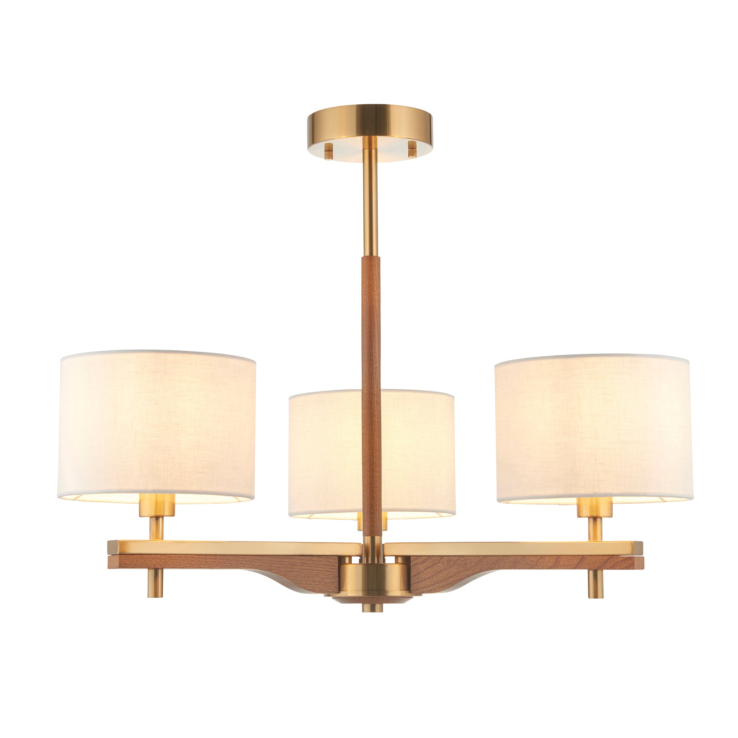 Endon Heathcliff 3 Light Semi-Flush Ceiling Light - Brushed Aged Brass Plate, Oak Stained Wood & Natural Faux Linen