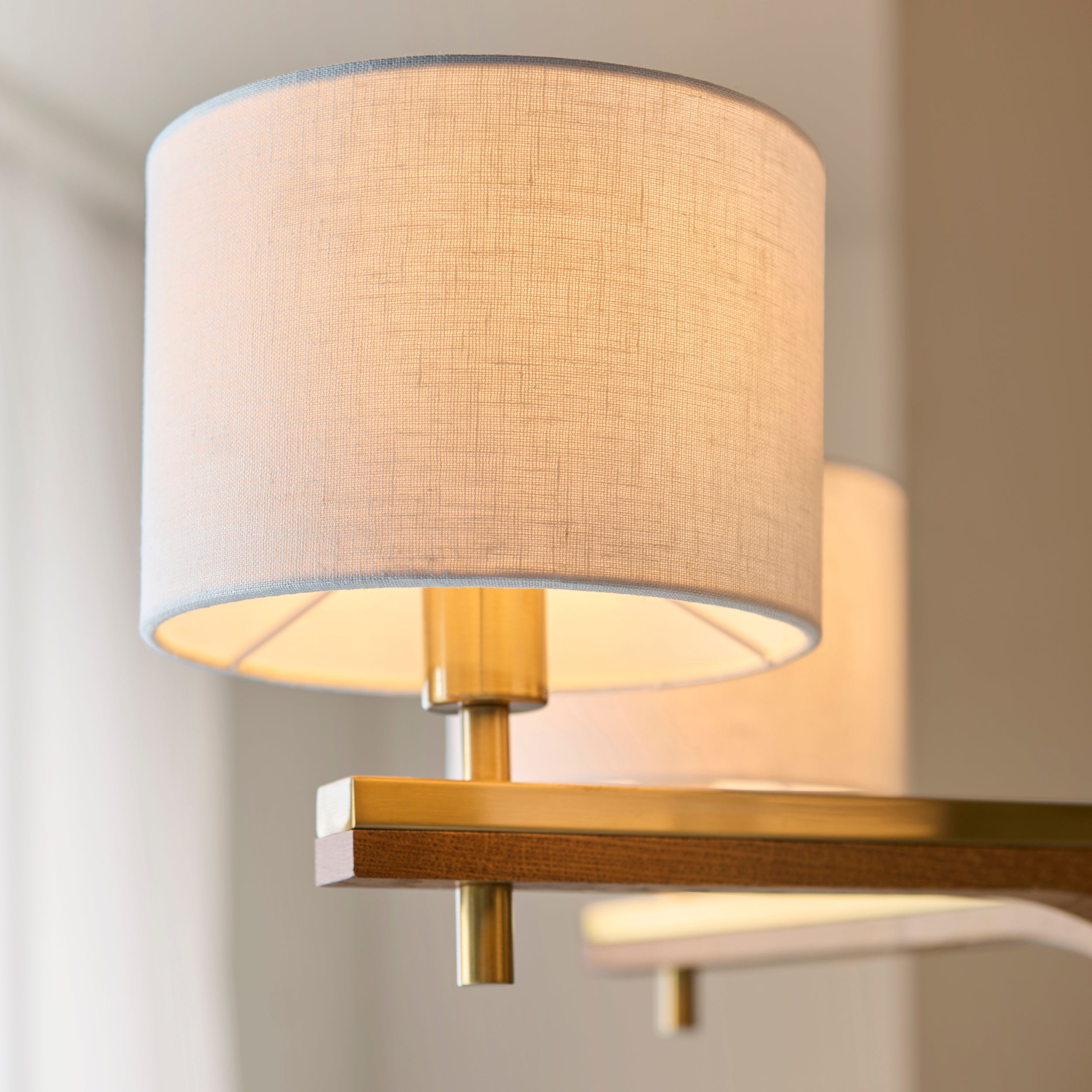 Endon Heathcliff 5 Light Pendant - Brushed Aged Brass Plate, Oak Stained Wood & Natural Faux Linen