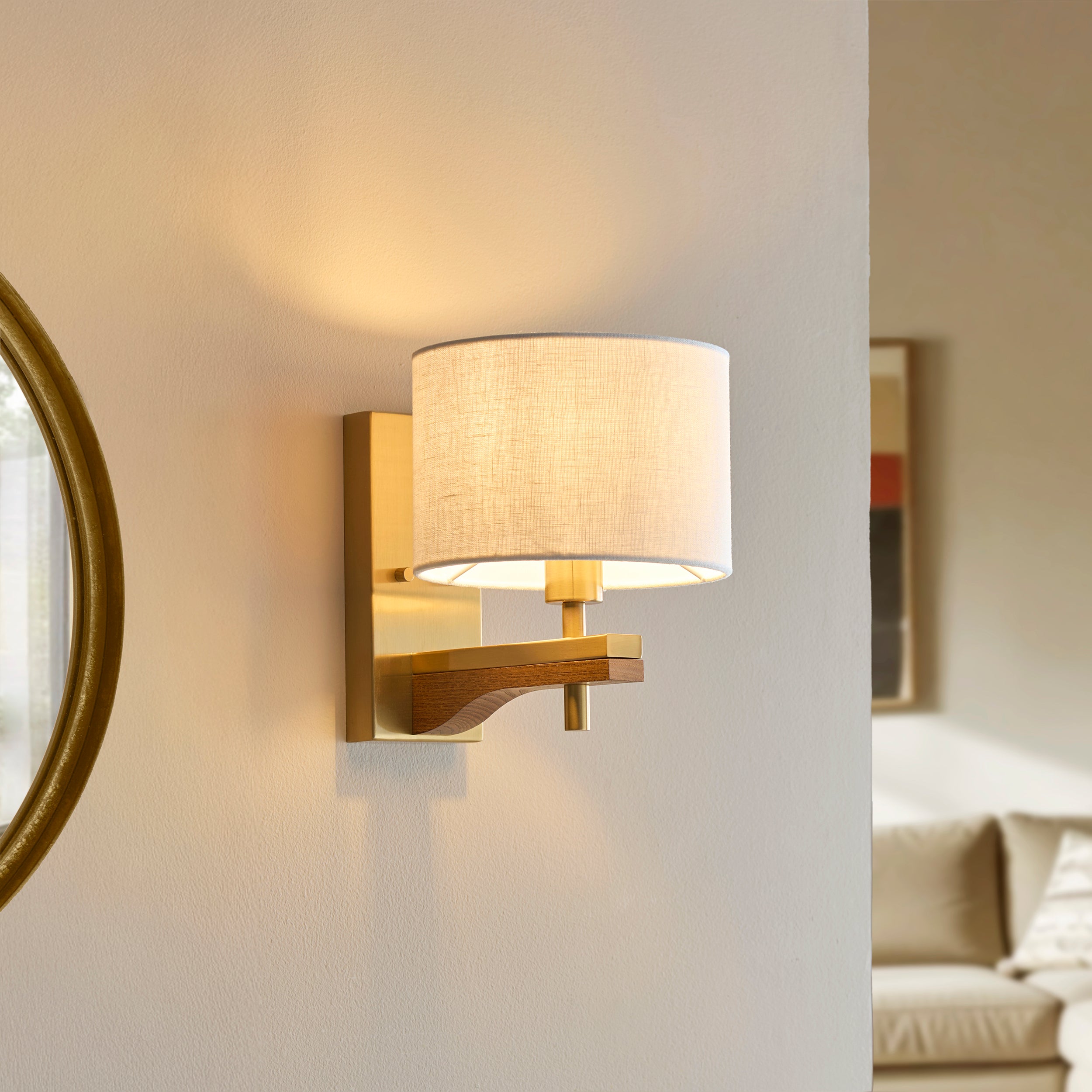 Endon Heathcliff Wall Light - Brushed Aged Brass Plate, Oak Stained Wood & Natural Faux Linen
