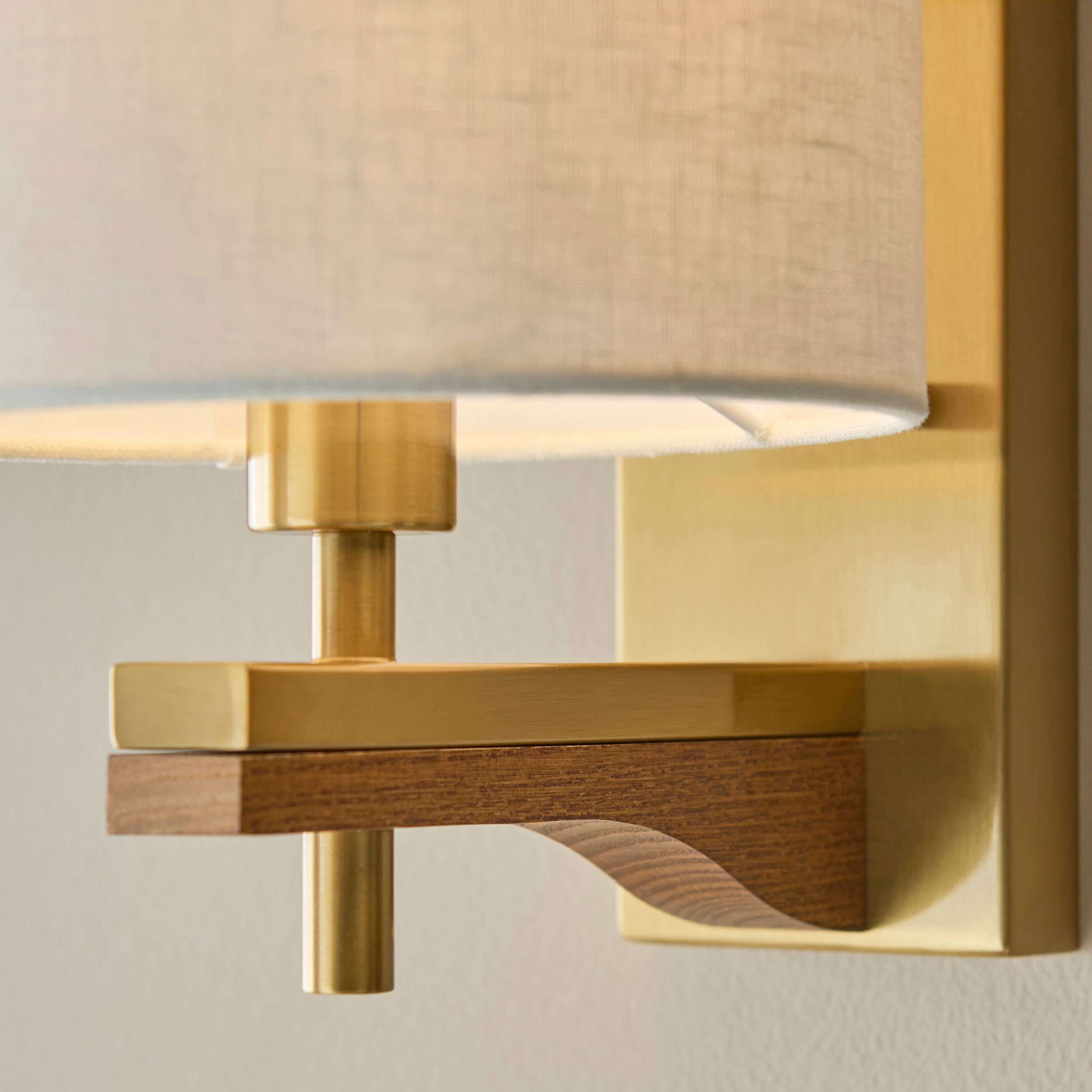 Endon Heathcliff Wall Light - Brushed Aged Brass Plate, Oak Stained Wood & Natural Faux Linen