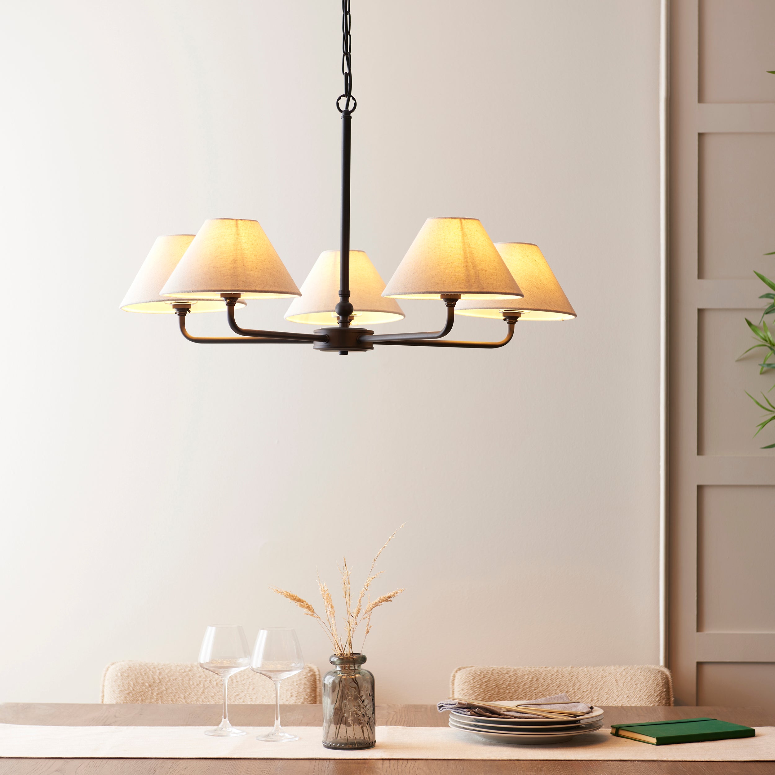 Endon Lille 5 Light Pendant - Matt Black & Natural Faux Linen