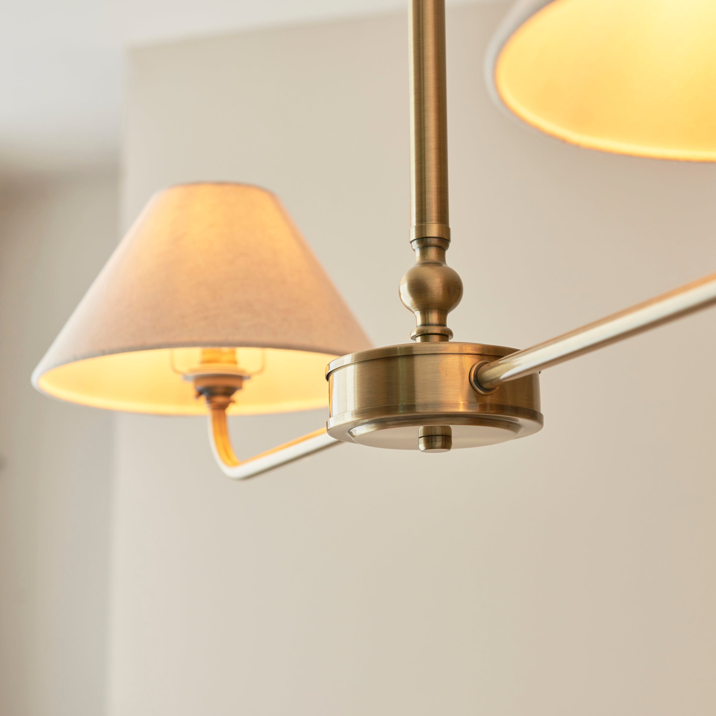Endon Lille 2 Light Linear Pendant - Antique Brass Plate & Natural Faux Linen