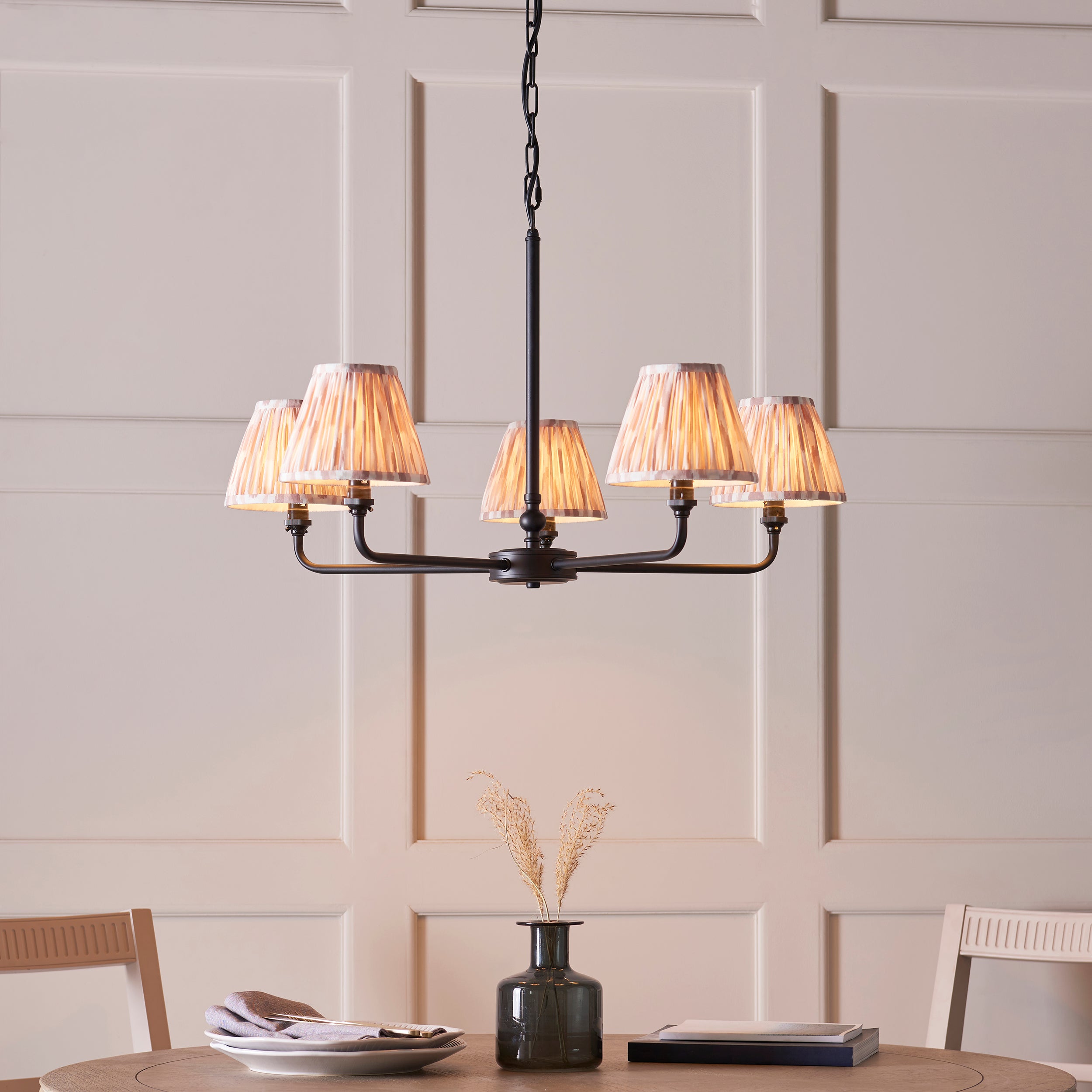 Endon Lille 5 Light Pendant - Matt Black & Natural Ikat 16cm Shades