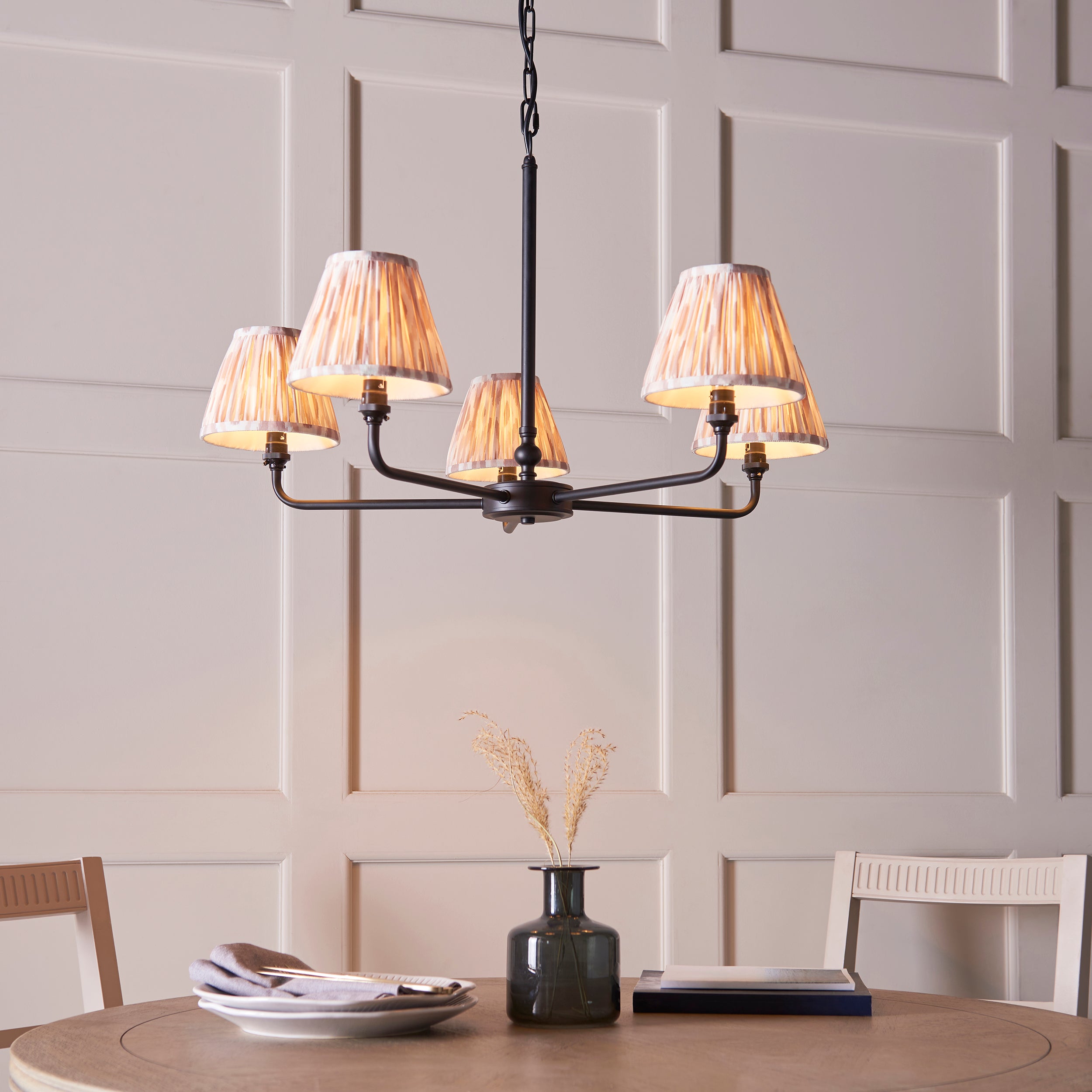 Endon Lille 5 Light Pendant - Matt Black & Natural Ikat 16cm Shades