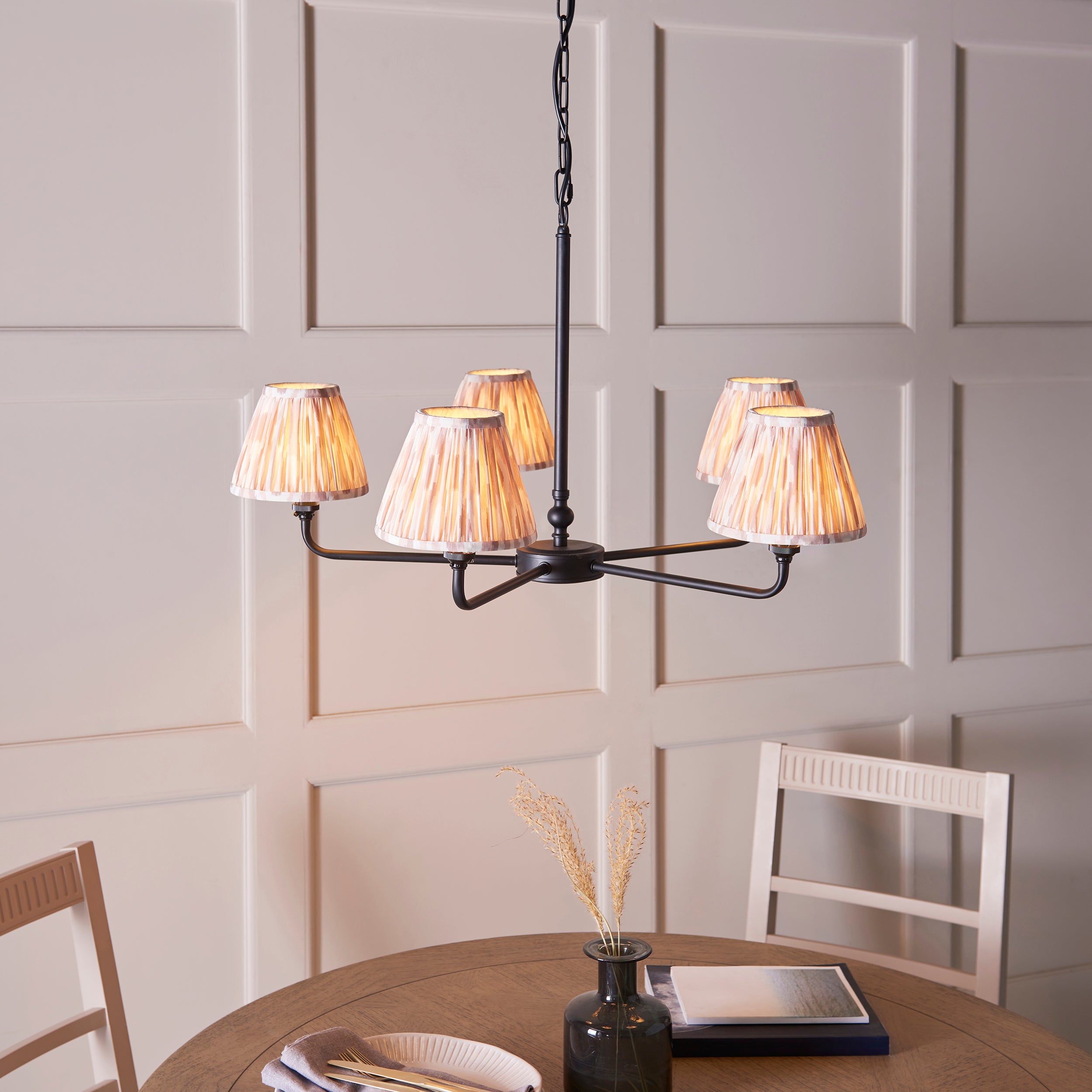 Endon Lille 5 Light Pendant - Matt Black & Natural Ikat 16cm Shades