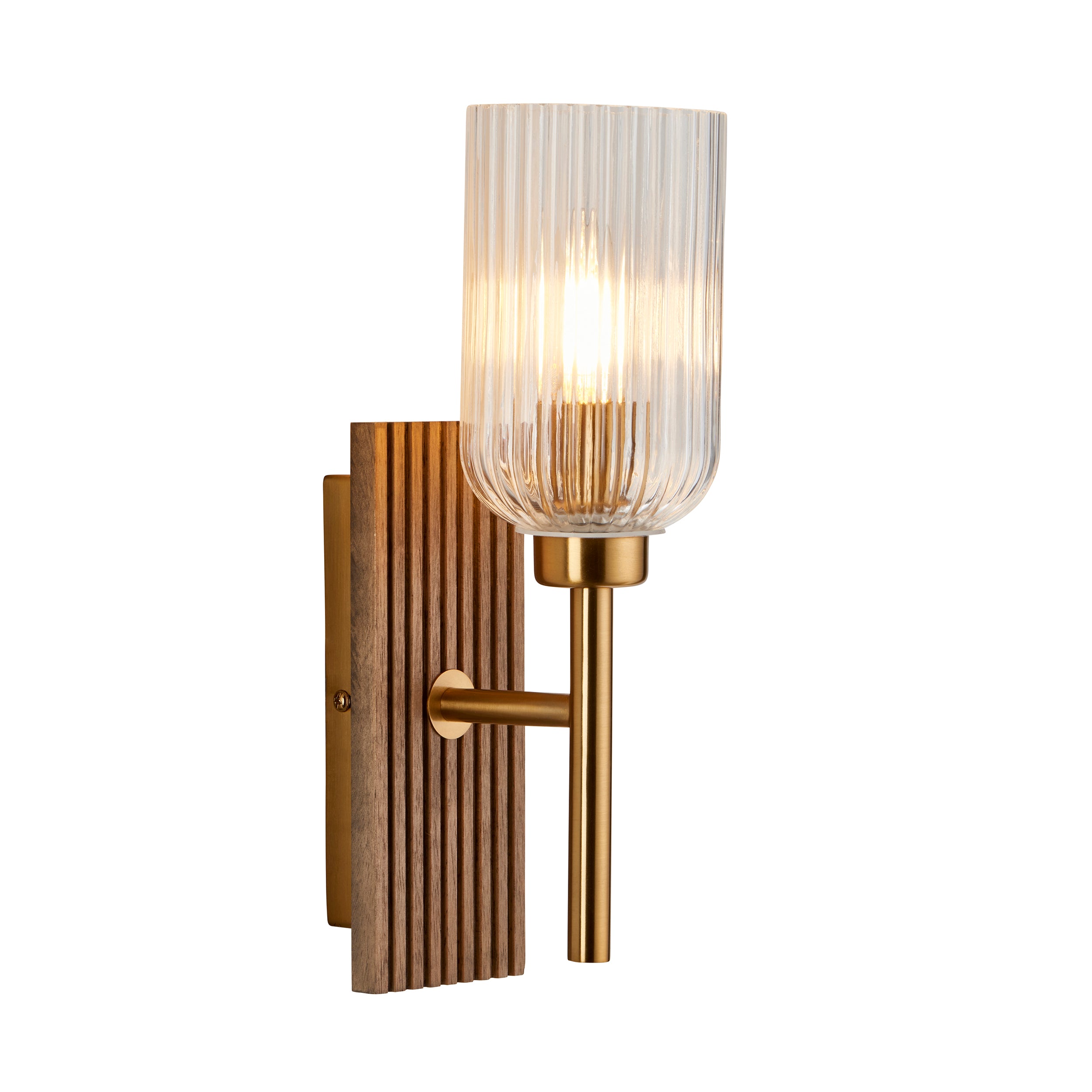 Endon Grove Wall Light - Dark Beechwood & Vintage Brass With Clear Ribbed Glass