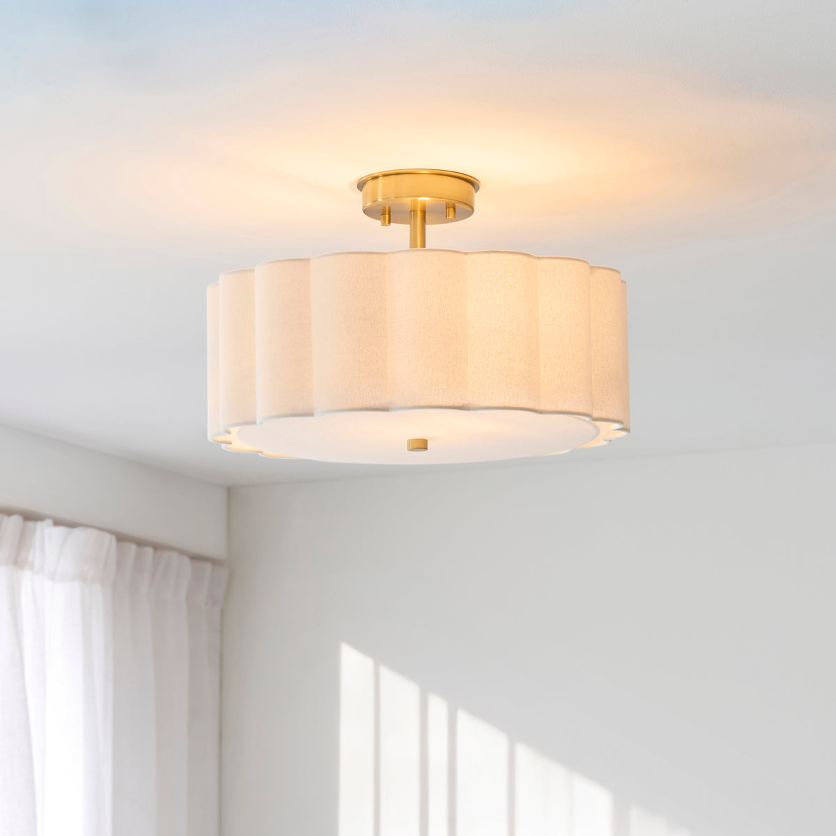 Endon Serene 2 Light Flush - Brushed Aged Brass Plate & Vintage White Cotton