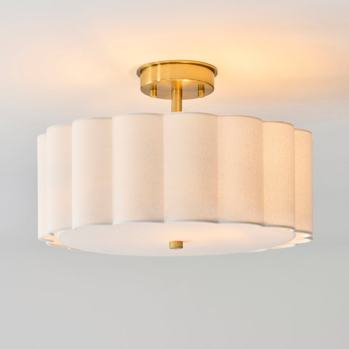 Endon Serene 2 Light Flush - Brushed Aged Brass Plate & Vintage White Cotton