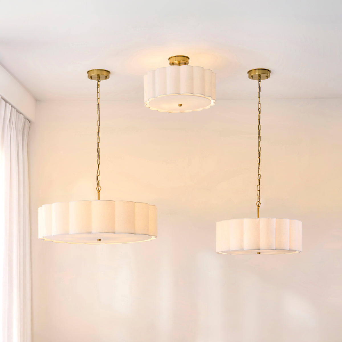 Endon Serene 2 Light Flush - Brushed Aged Brass Plate & Vintage White Cotton
