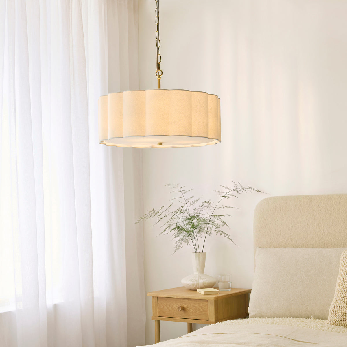 Endon Serene 3 Light Pendant - Brushed Aged Brass Plate & Vintage White Cotton