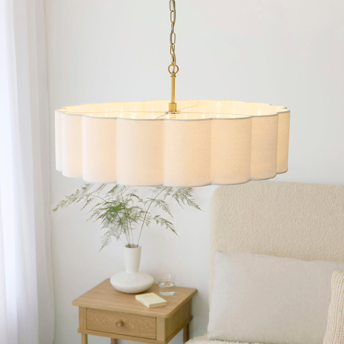 Endon Serene 6 Light Pendant - Brushed Aged Brass Plate & Vintage White Cotton