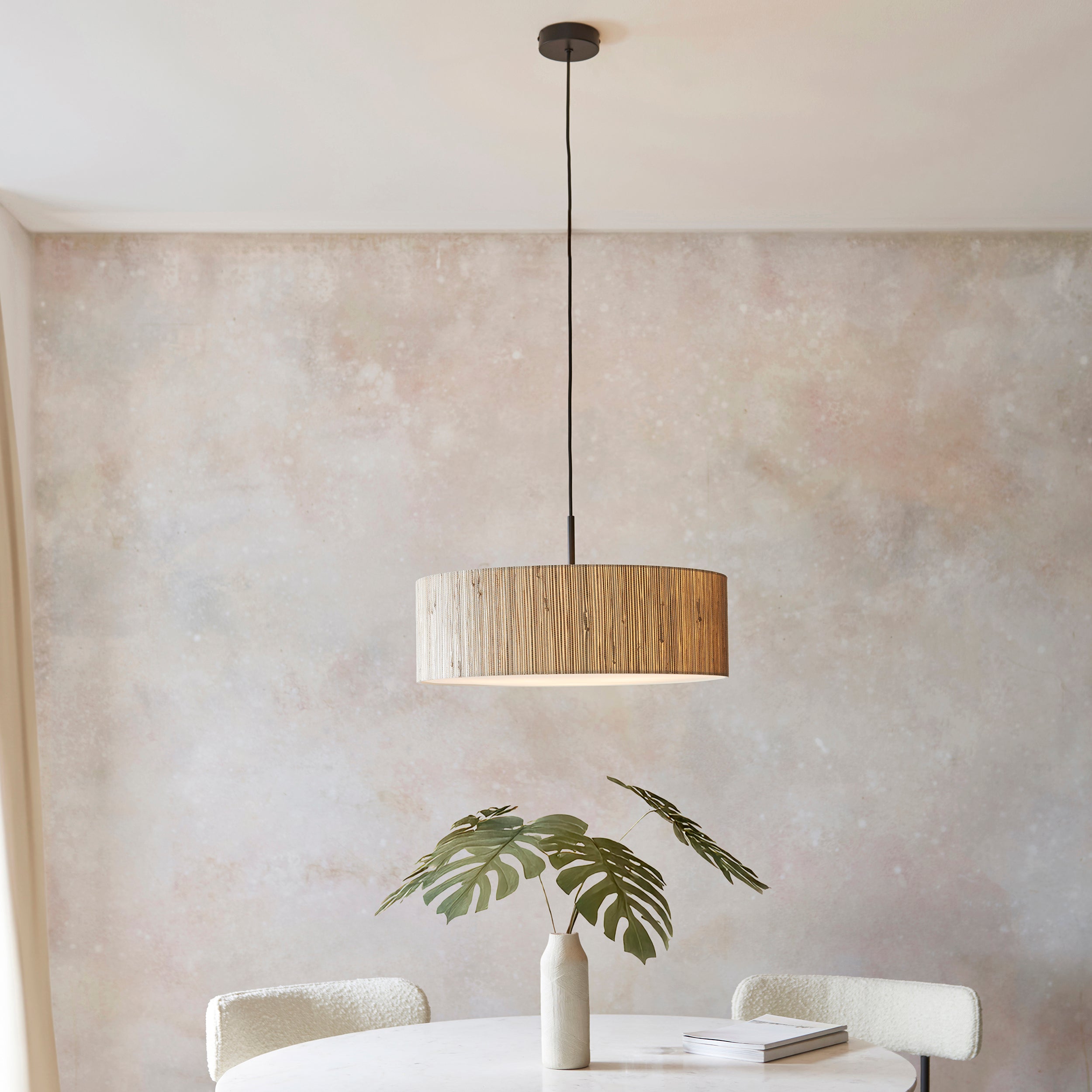Endon Longshore 3 Light Pendant - Natural Seagrass, Matt Black & White Fabric