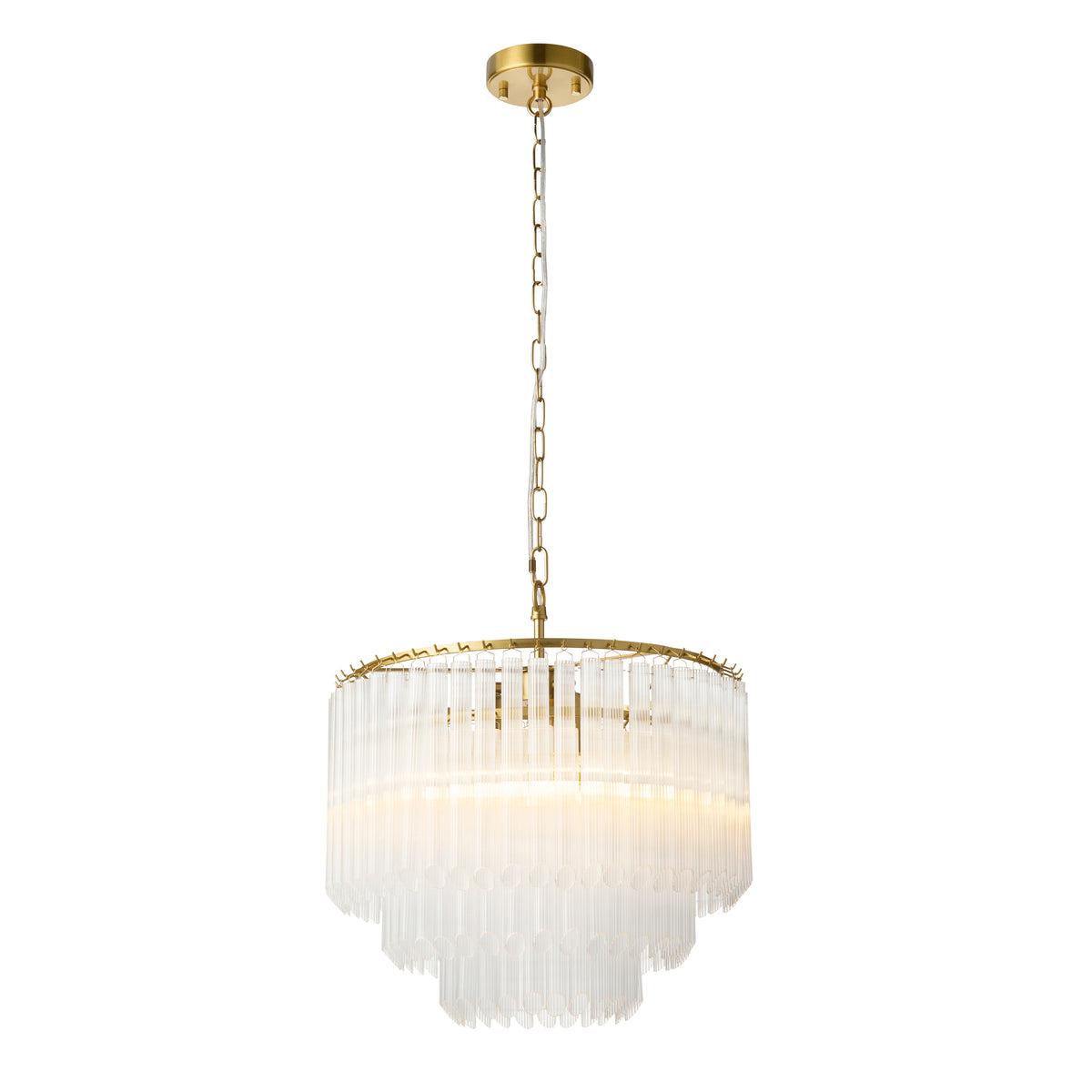 Endon Montpellier 3 Light Pendant - Brushed Aged Brass Plate & Clear Ribbed Glass