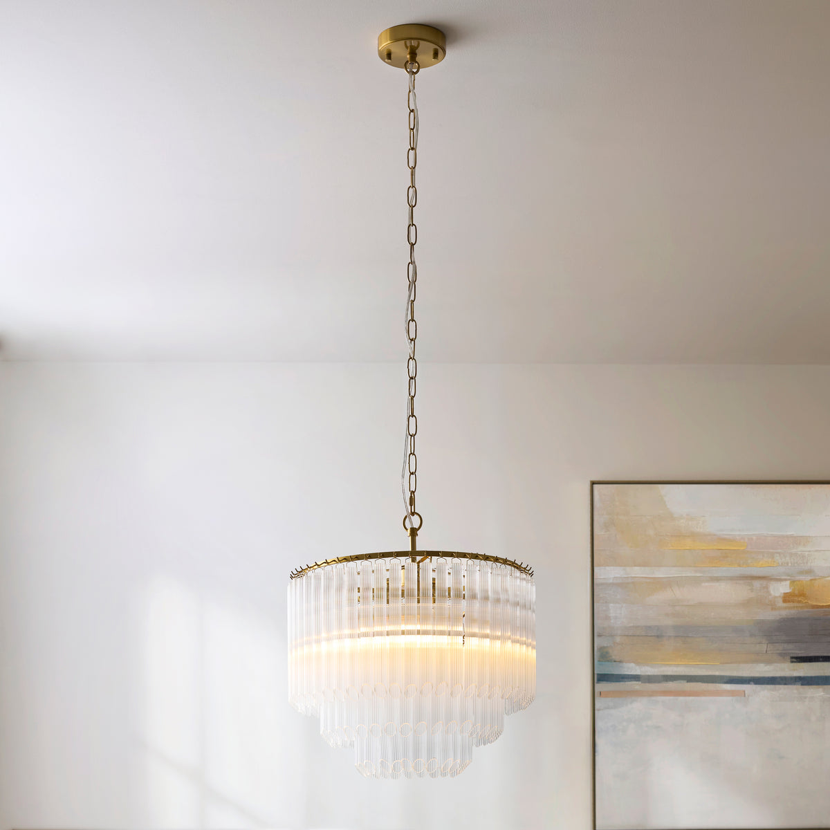 Endon Montpellier 3 Light Pendant - Brushed Aged Brass Plate & Clear Ribbed Glass