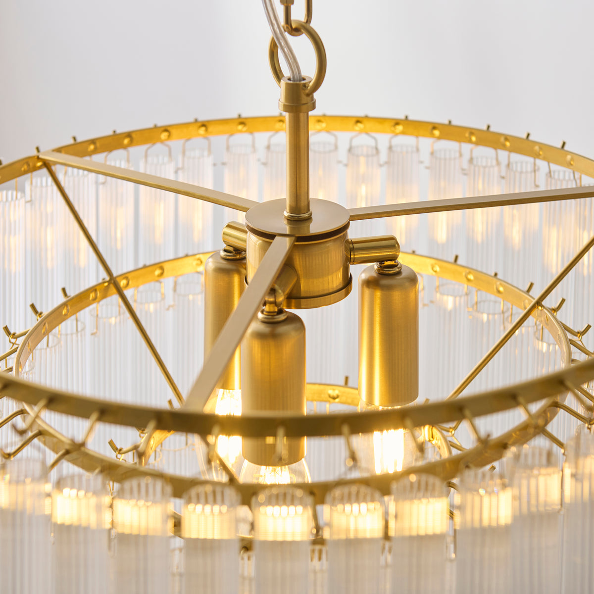 Endon Montpellier 3 Light Pendant - Brushed Aged Brass Plate & Clear Ribbed Glass