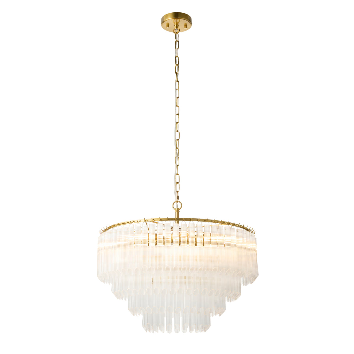 Alternative angle studio shot of the Endon Montpellier 6 light pendant in brushed aged brass with clear ribbed glass rods on a white background