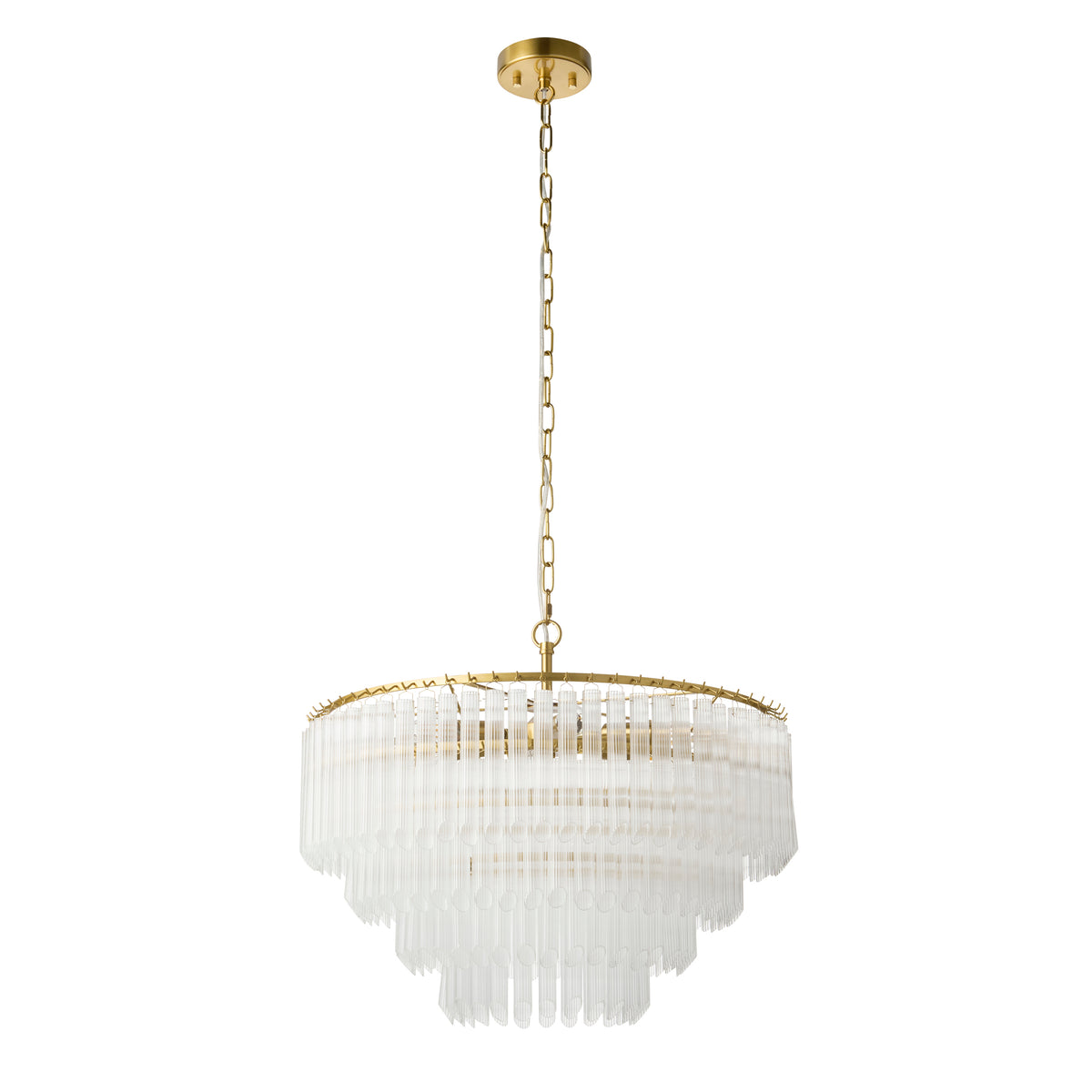 Plain product shot of the Endon Montpellier 6 light pendant in brushed aged brass and clear ribbed glass on a white background
