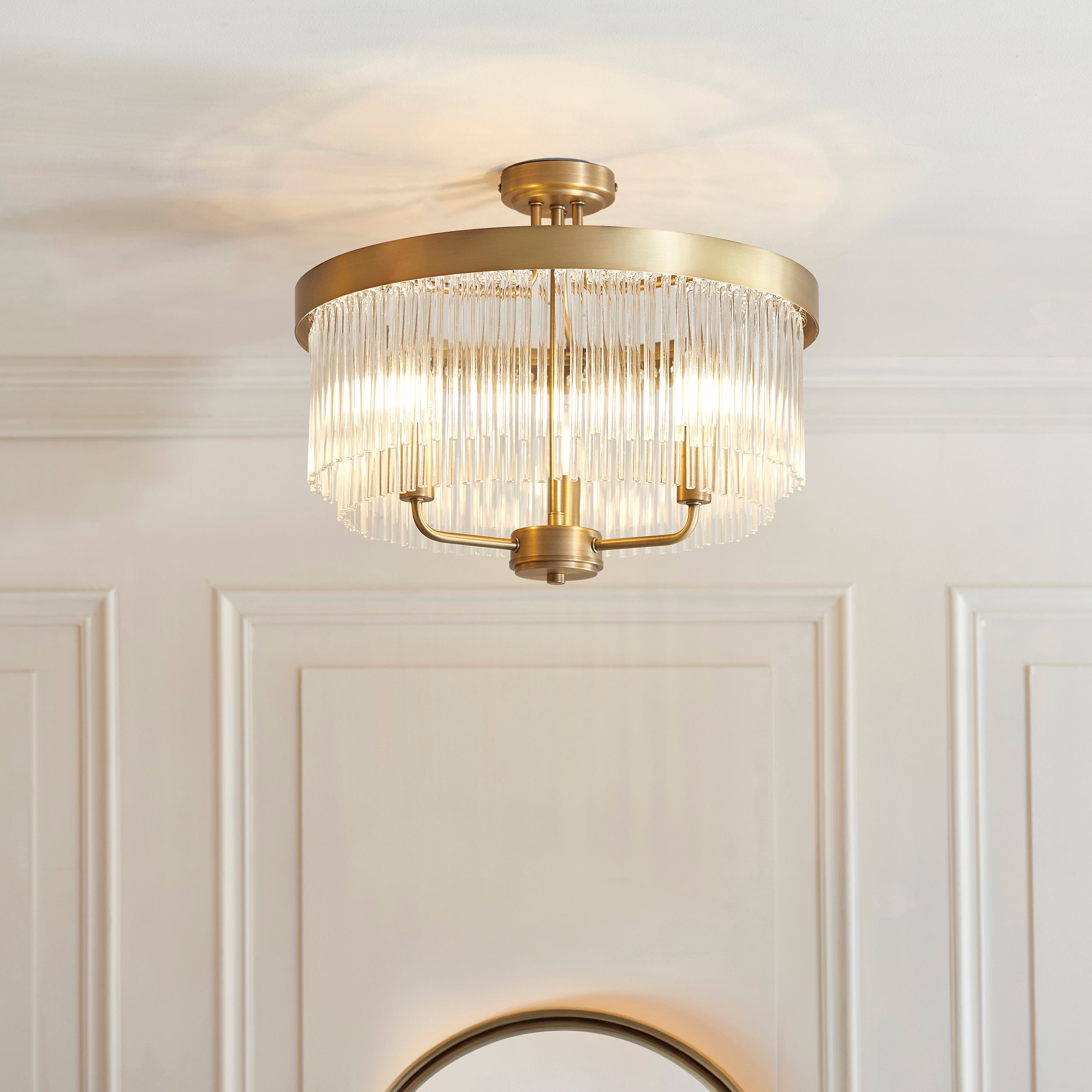 Endon Clermont 3 Light Semi Flush - Warm Antique Brass Plate & Clear Glass