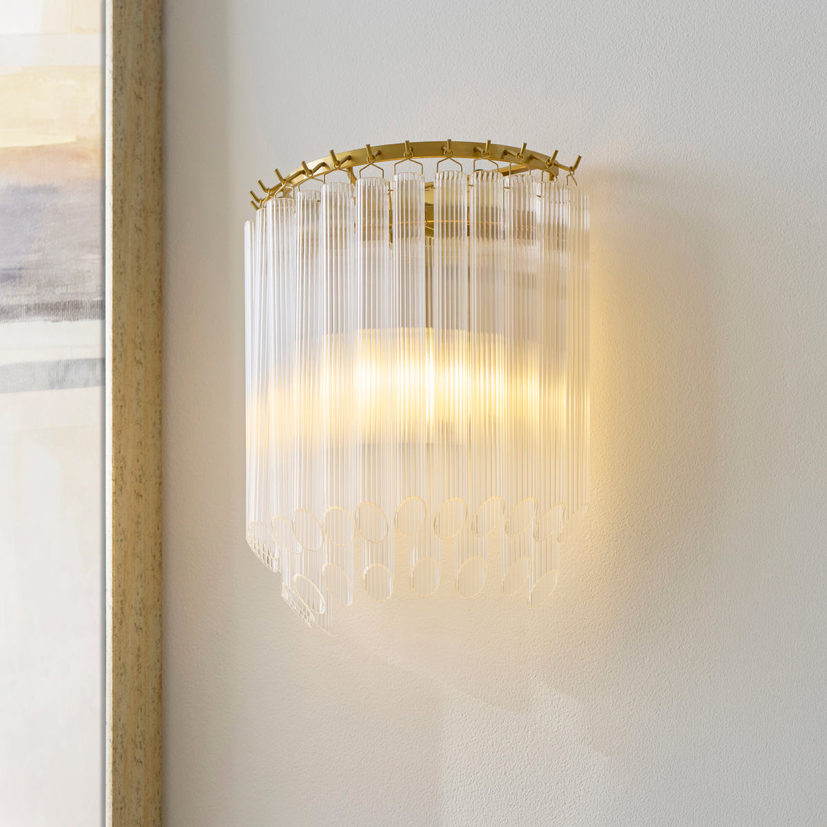 Endon Montpellier Wall Light - Brushed Aged Brass Plate & Clear Ribbed Glass