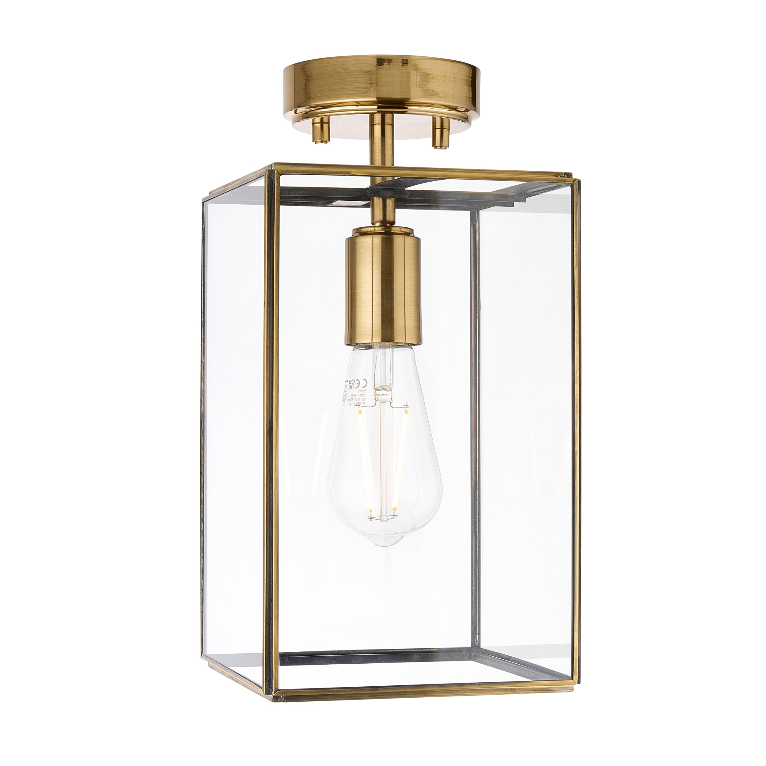 Endon Hammond Flush Ceiling Light - Antique Solid Brass, Brushed Aged Brass Plate & Clear Glass