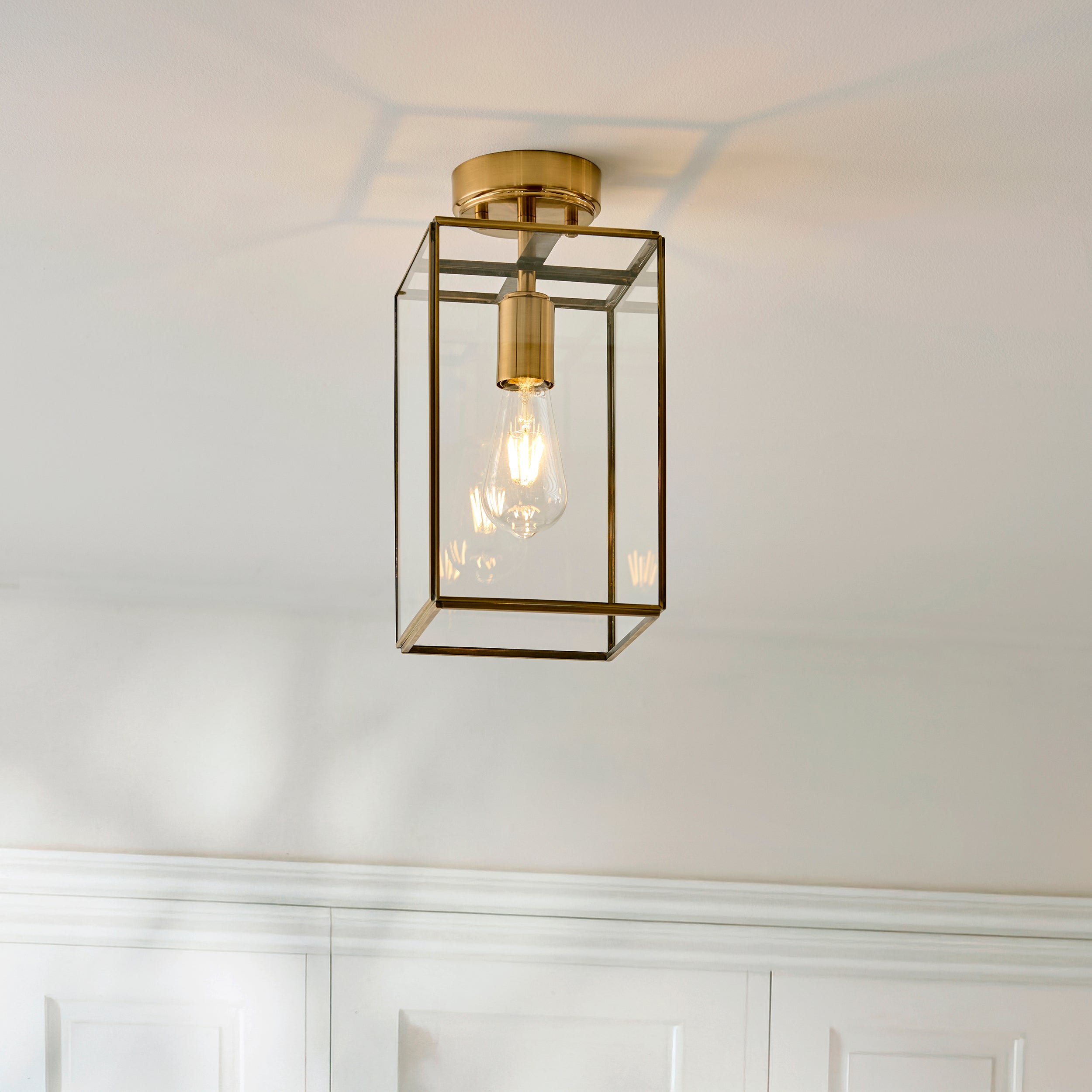 Endon Hammond Flush Ceiling Light - Antique Solid Brass, Brushed Aged Brass Plate & Clear Glass