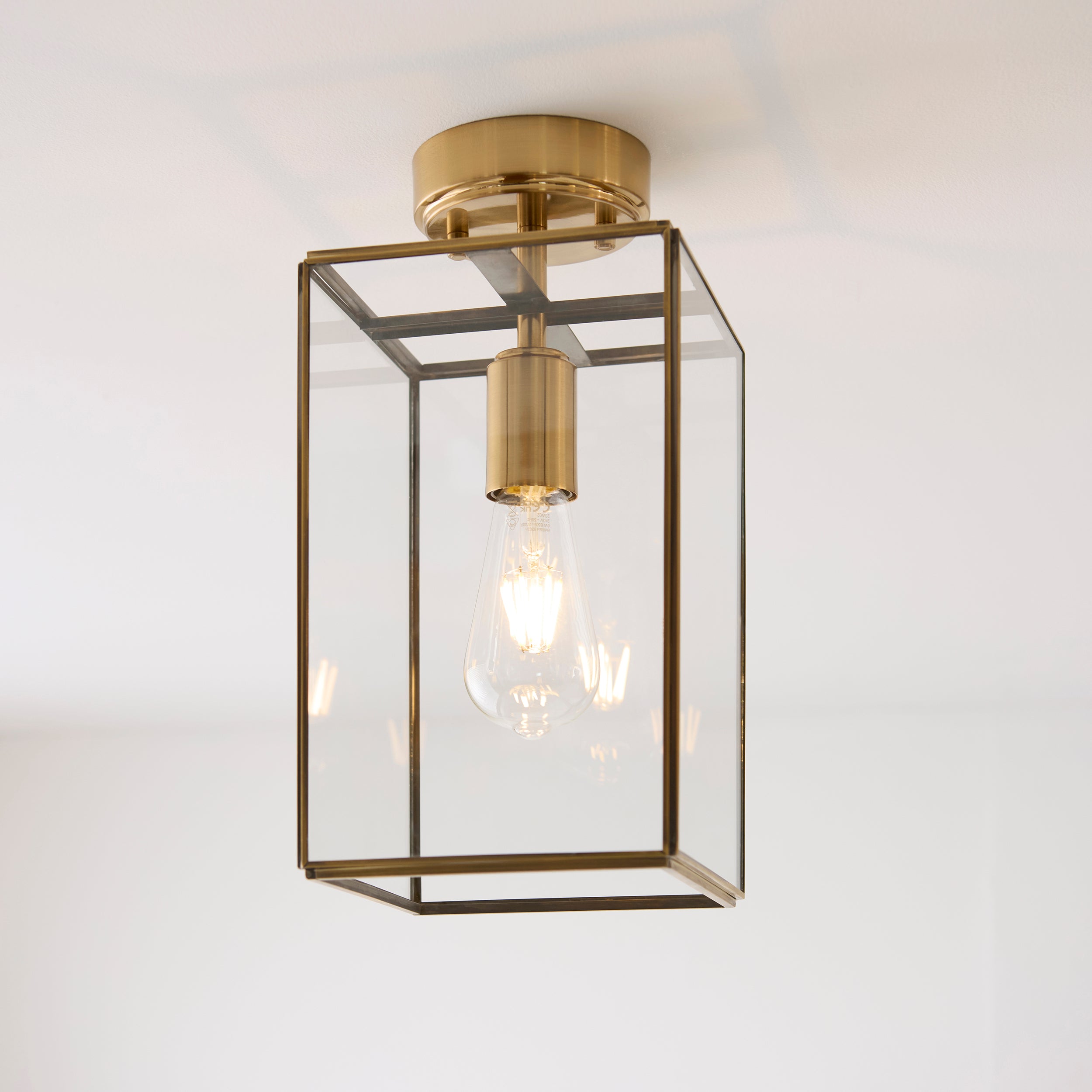 Endon Hammond Flush Ceiling Light - Antique Solid Brass, Brushed Aged Brass Plate & Clear Glass