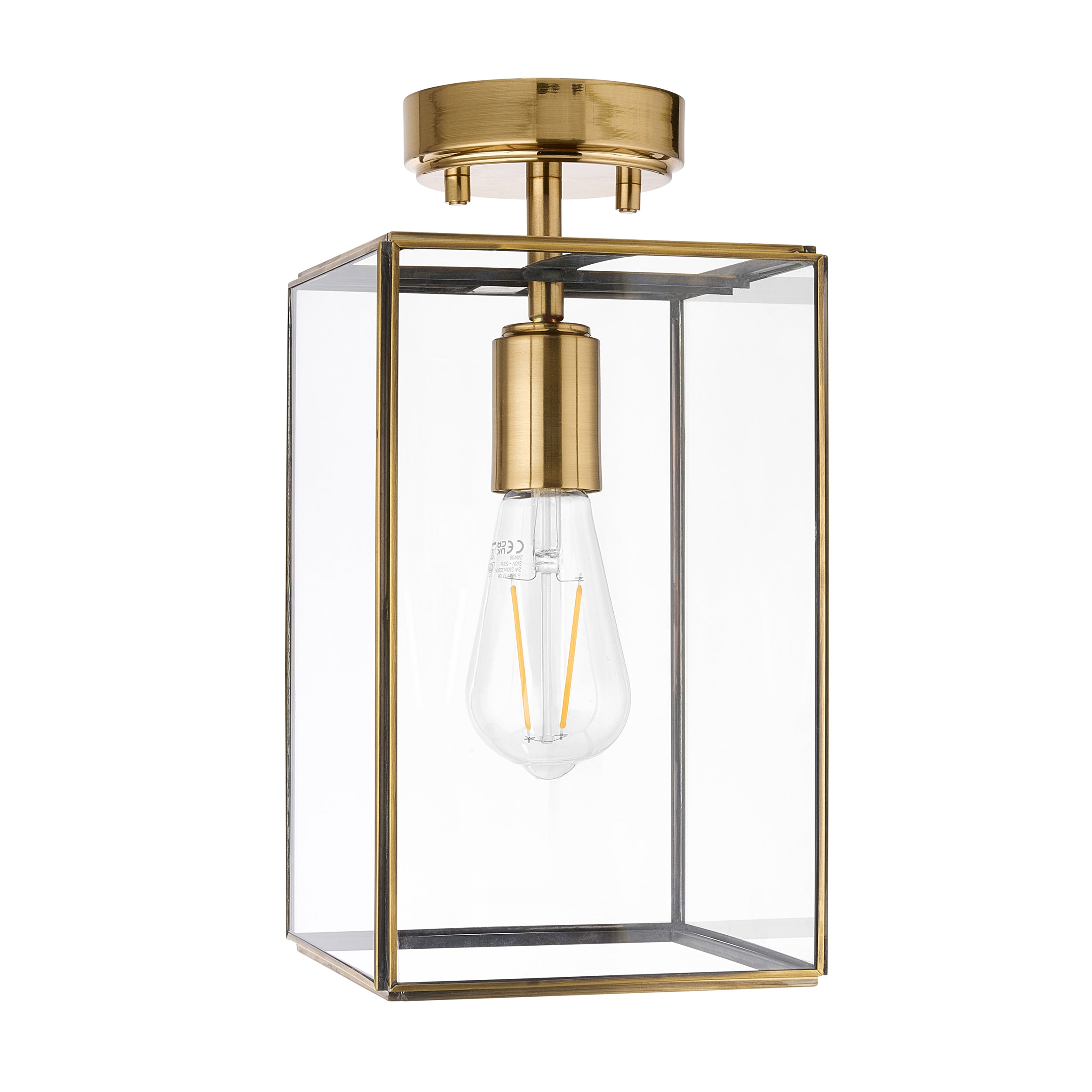 Endon Hammond Flush Ceiling Light - Antique Solid Brass, Brushed Aged Brass Plate & Clear Glass