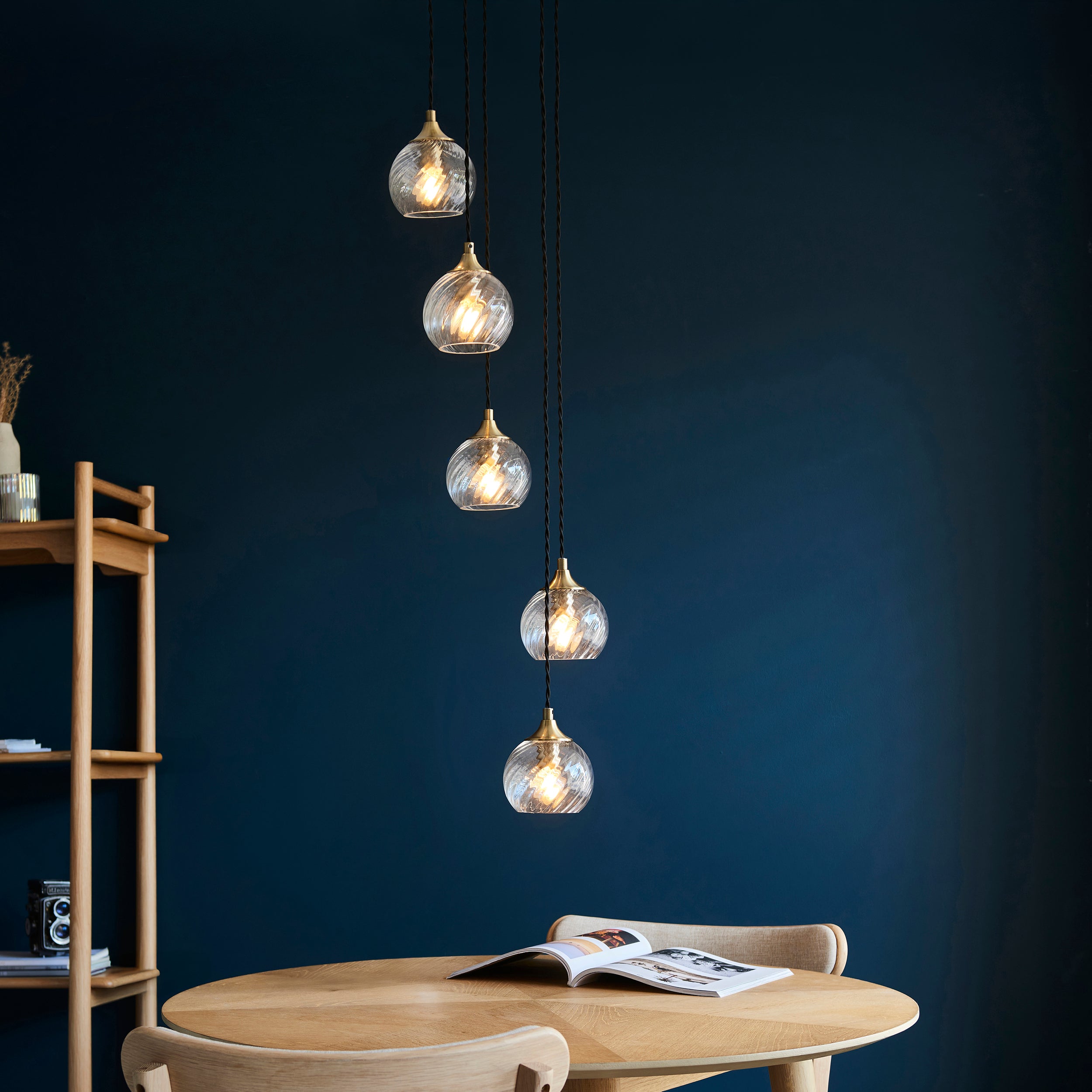 Endon Allegra 5 Light Cascade Pendant - Antique Brass Plate & Clear Spiral Glass