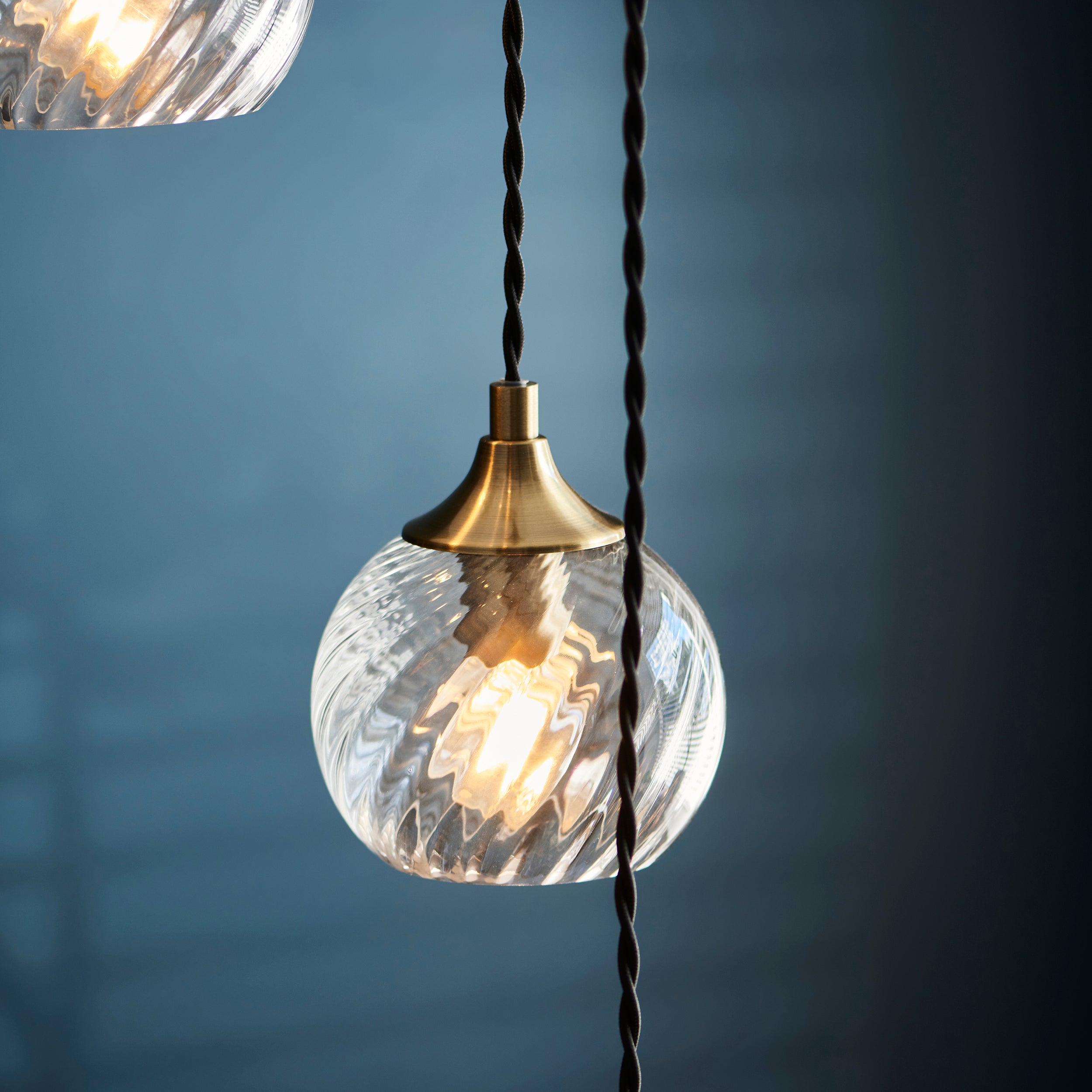 Endon Allegra 5 Light Cascade Pendant - Antique Brass Plate & Clear Spiral Glass