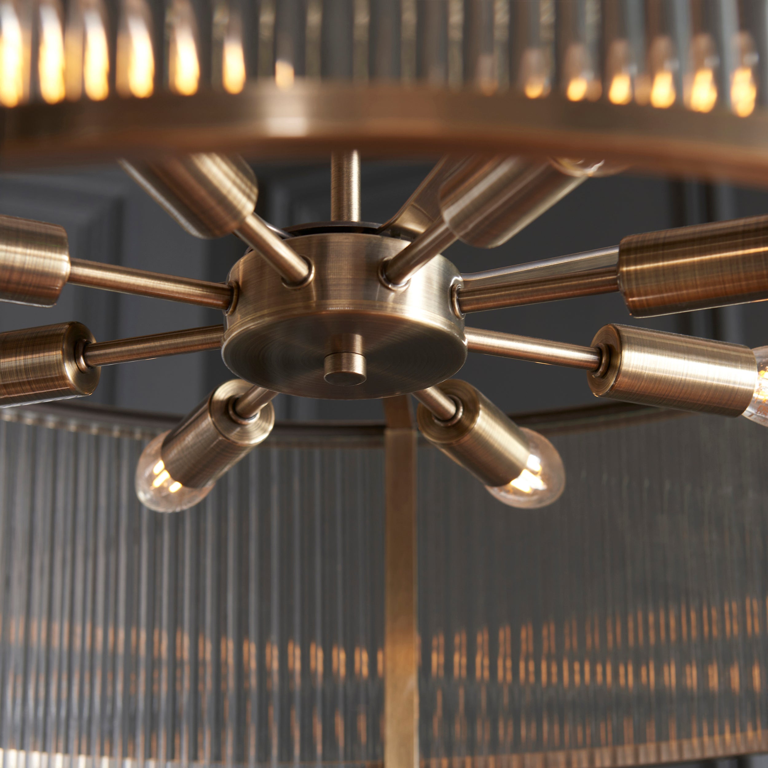 Endon Ridgeton 8 Light Pendant  - Antique Brass Plate & Clear Ribbed Glass