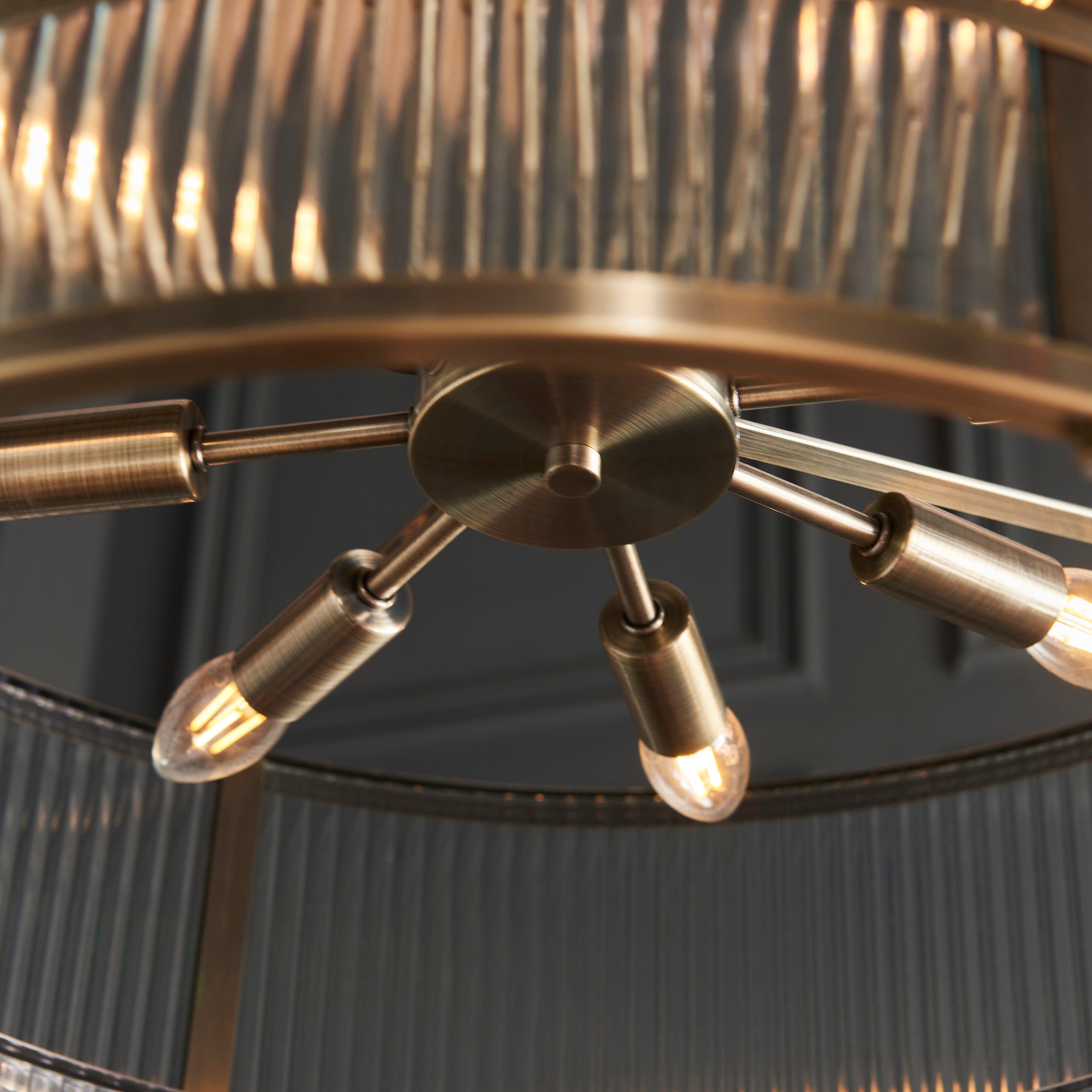 Endon Ridgeton 8 Light Tiered Pendant  - Antique Brass Plate & Clear Ribbed Glass