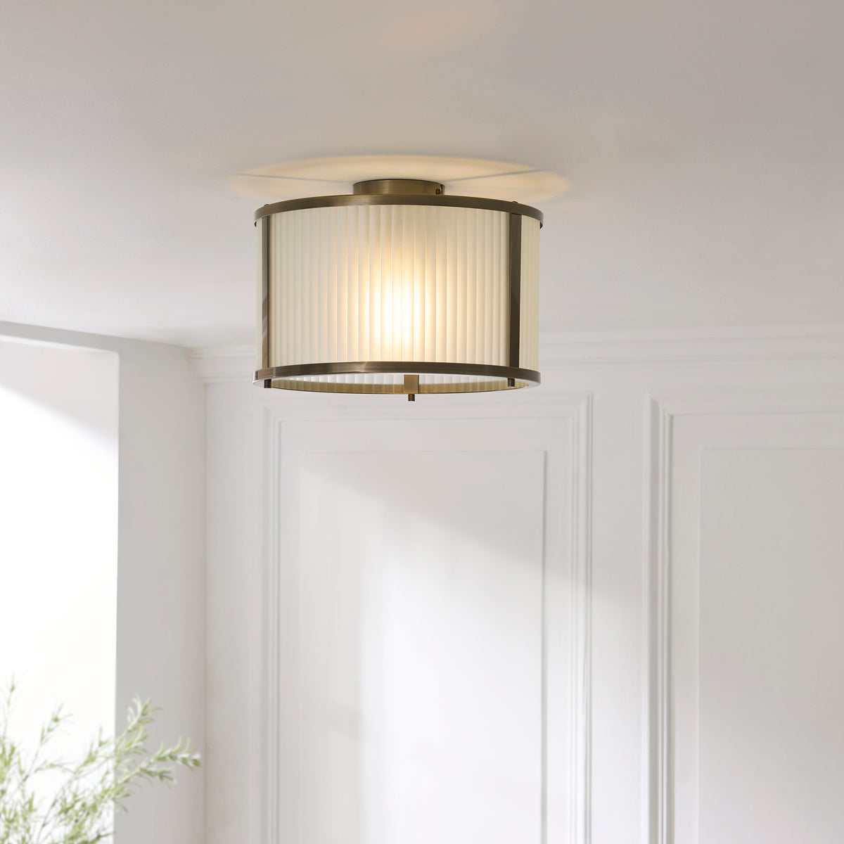 Endon Ridgeton Flush - Antique Brass Plate & Frosted Ribbed Glass