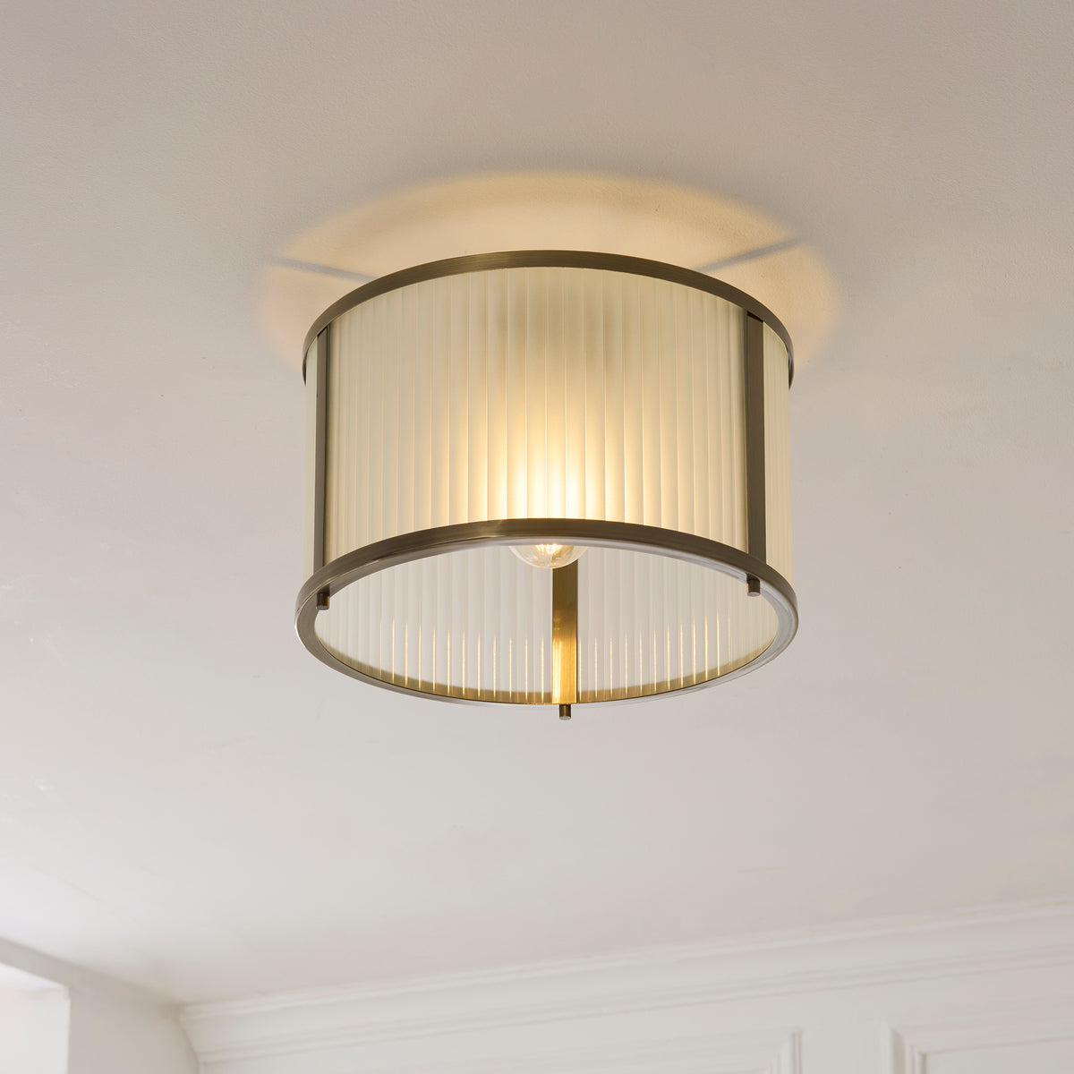 Endon Ridgeton Flush - Antique Brass Plate & Frosted Ribbed Glass