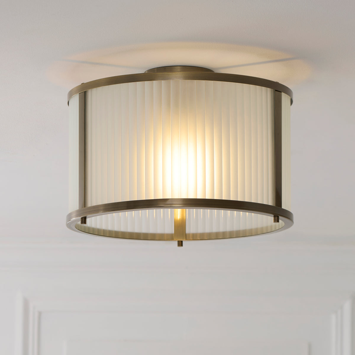 Endon Ridgeton Flush - Antique Brass Plate & Frosted Ribbed Glass