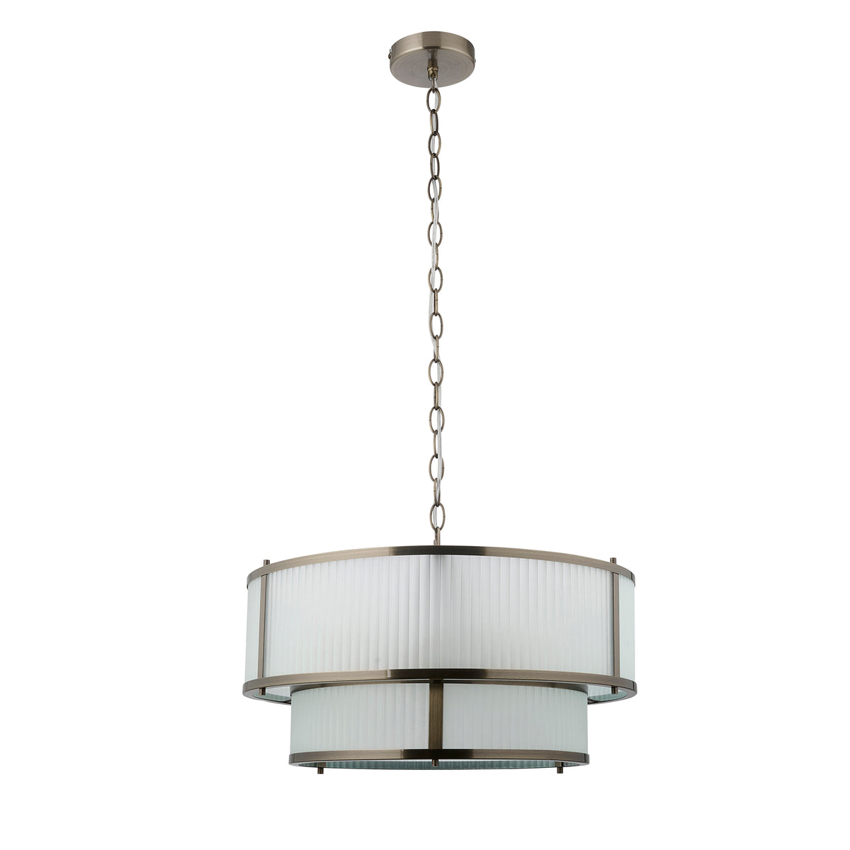 Front on studio shot of the Endon Ridgeton 5 light tiered pendant in antique brass with two tier frosted ribbed glass drums on its chain against a white background