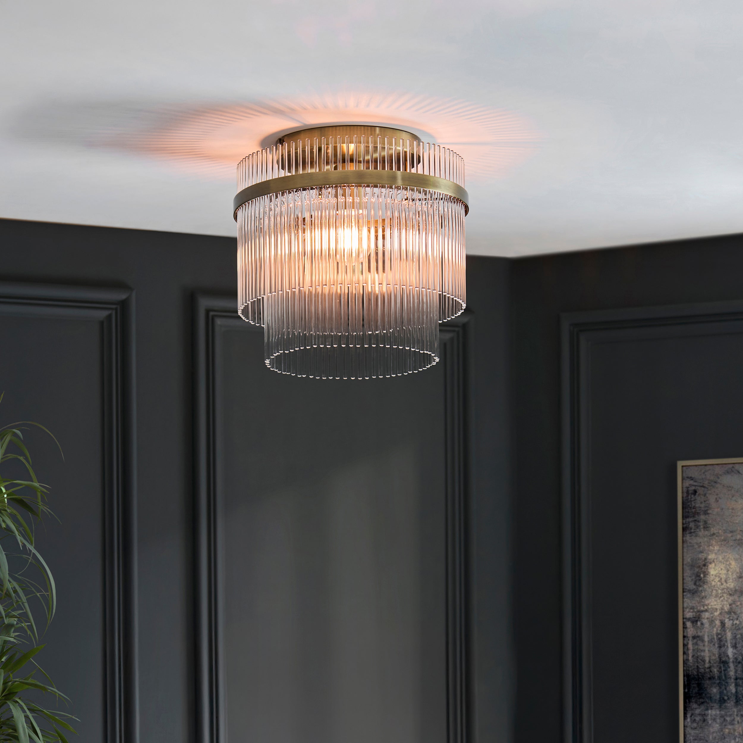 Endon Marietta Flush Ceiling Light - Antique Brass Plate & Clear Glass