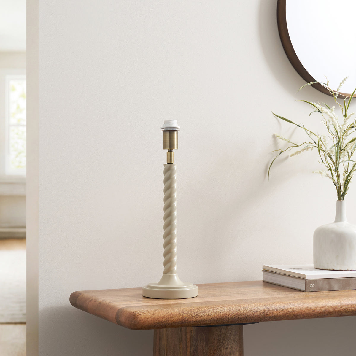 Endon Twist Table Base - Satin Almond White Paint & Antique Brass Plate