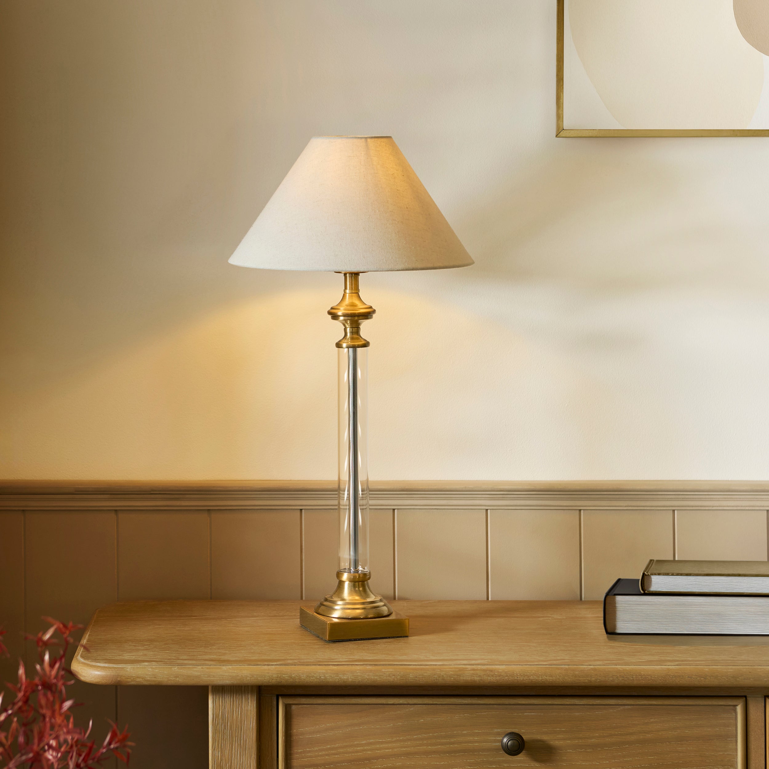 Endon Avebury & Avalon 31cm Table Lamp - Antique Brass Plate & Natural Faux Linen Fabric Shade