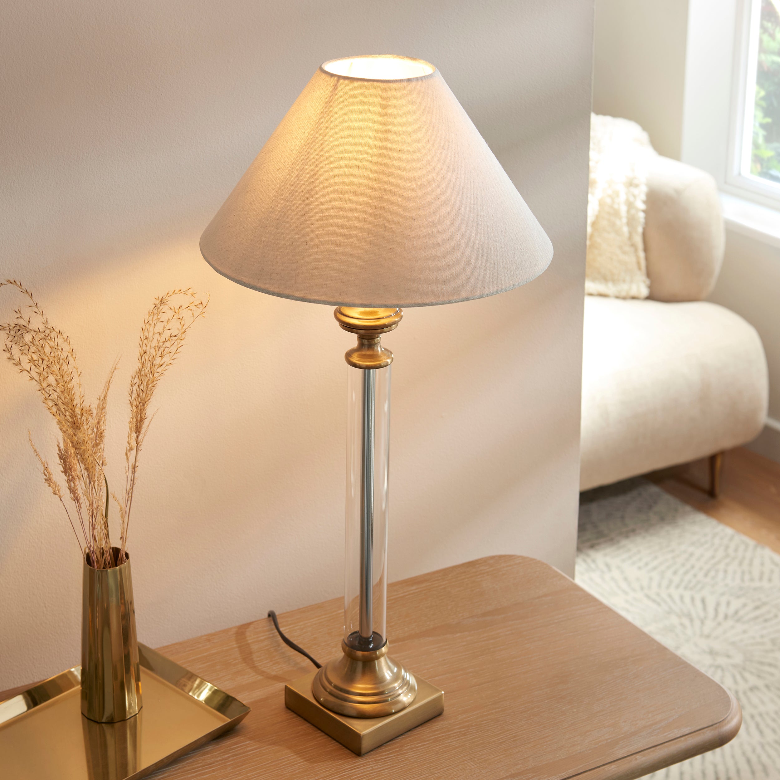 Endon Avebury & Avalon 31cm Table Lamp - Antique Brass Plate & Natural Faux Linen Fabric Shade