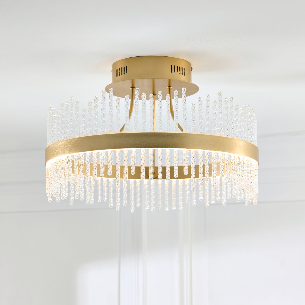 Utopia Twist Flush Ceiling Light - Brushed Gold Plate & Clear Glass Rods