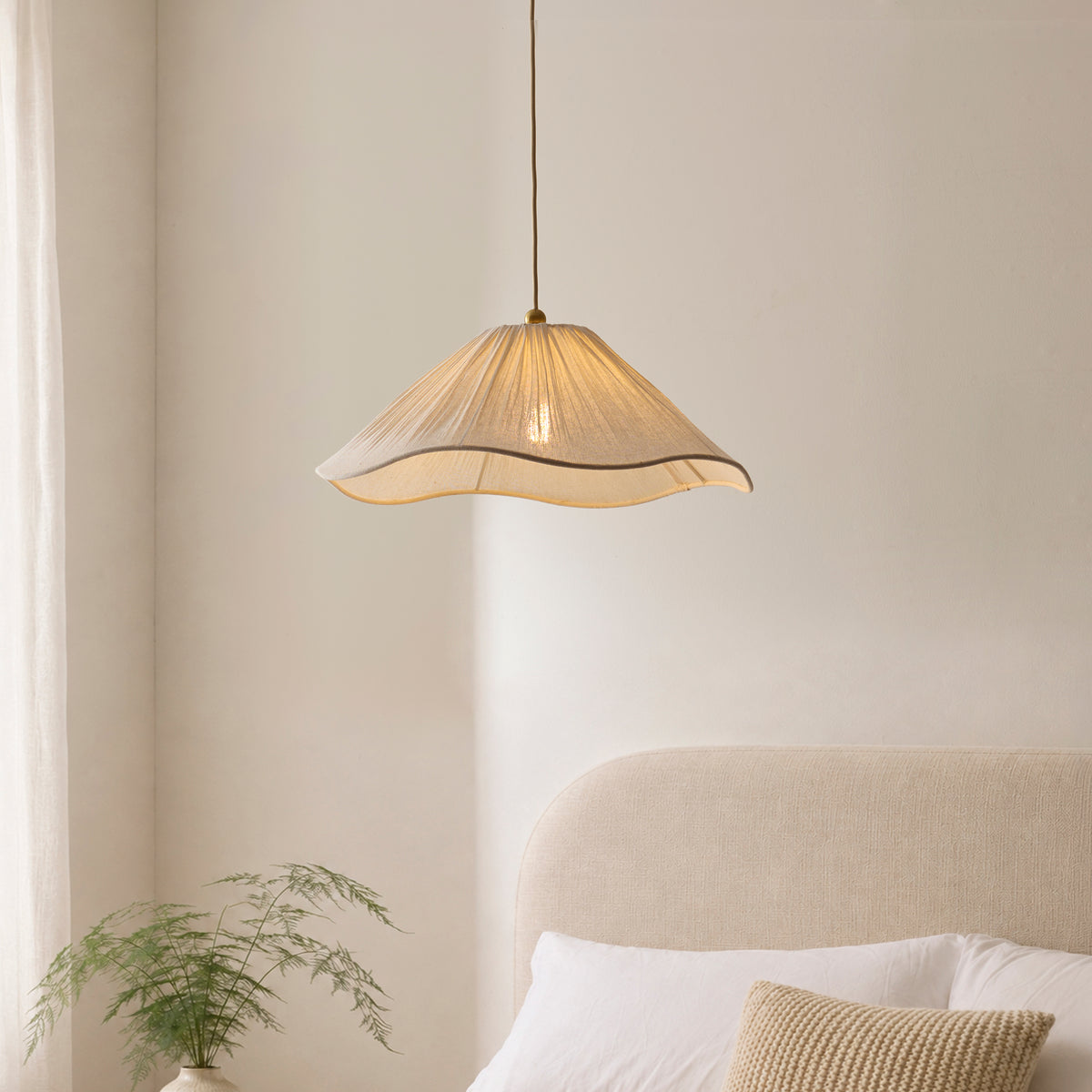Endon Isabella Pendant - Brushed Aged Brass Plate & Vintage White Fabric