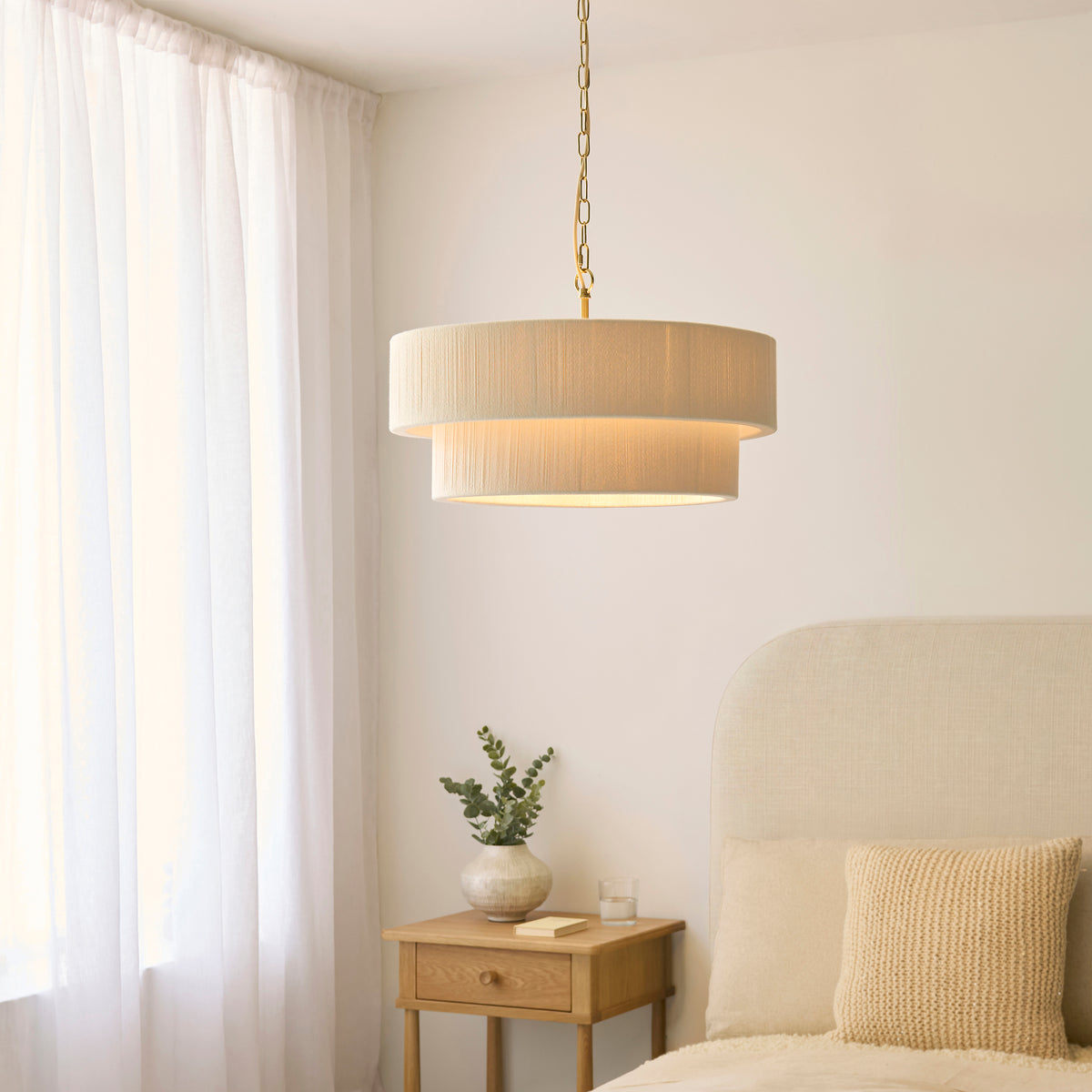 Endon Noah 5 Light Pendant - Cream Cotton & Brushed Brass Plate