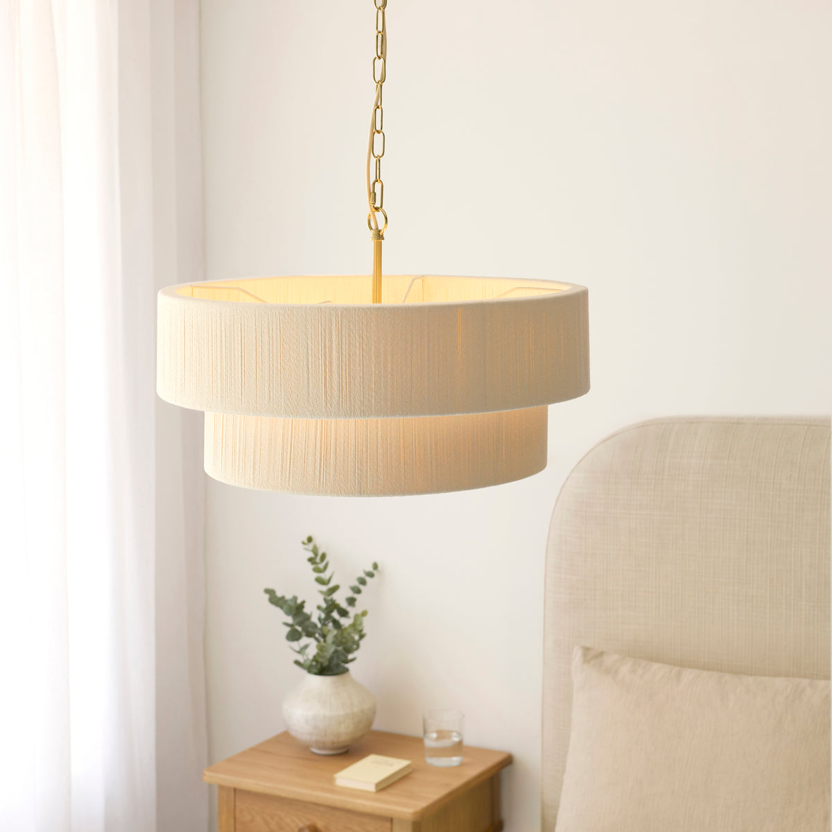 Endon Noah 5 Light Pendant - Cream Cotton & Brushed Brass Plate