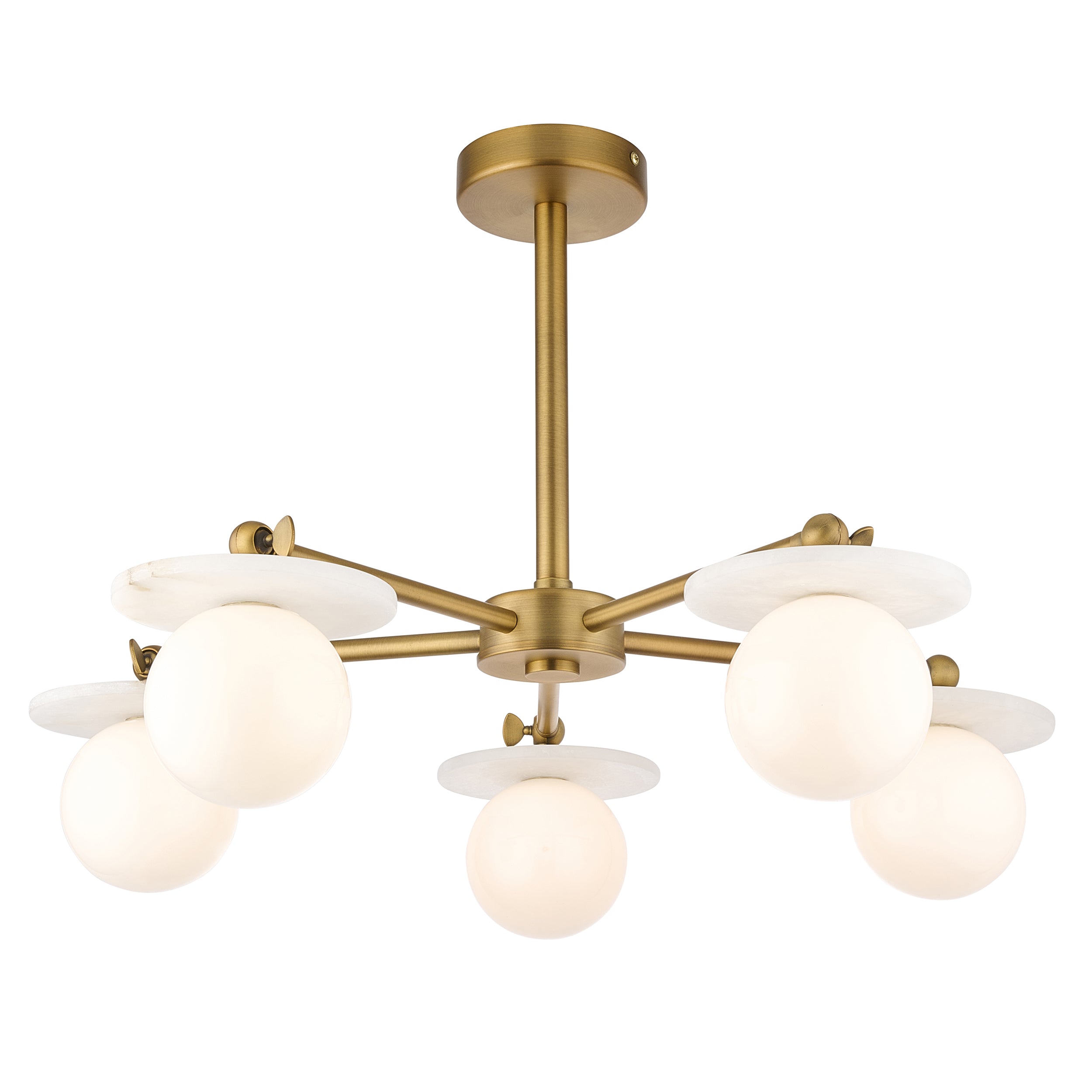 Endon Cerchio 5 Light Semi Flush Ceiling Light - Warm Antique Brass Plate, Alabaster Stone & Gloss White Glass