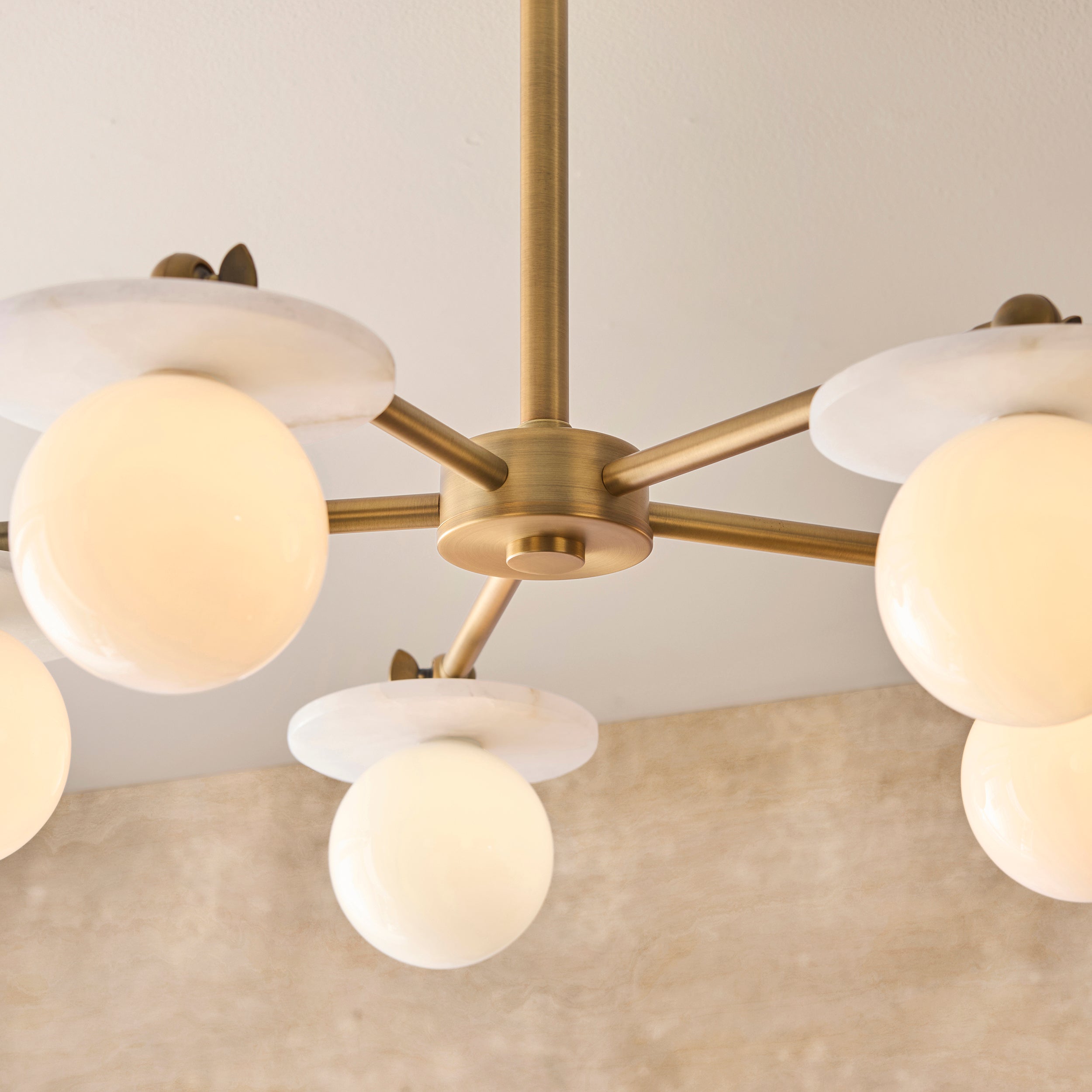 Endon Cerchio 5 Light Semi Flush Ceiling Light - Warm Antique Brass Plate, Alabaster Stone & Gloss White Glass