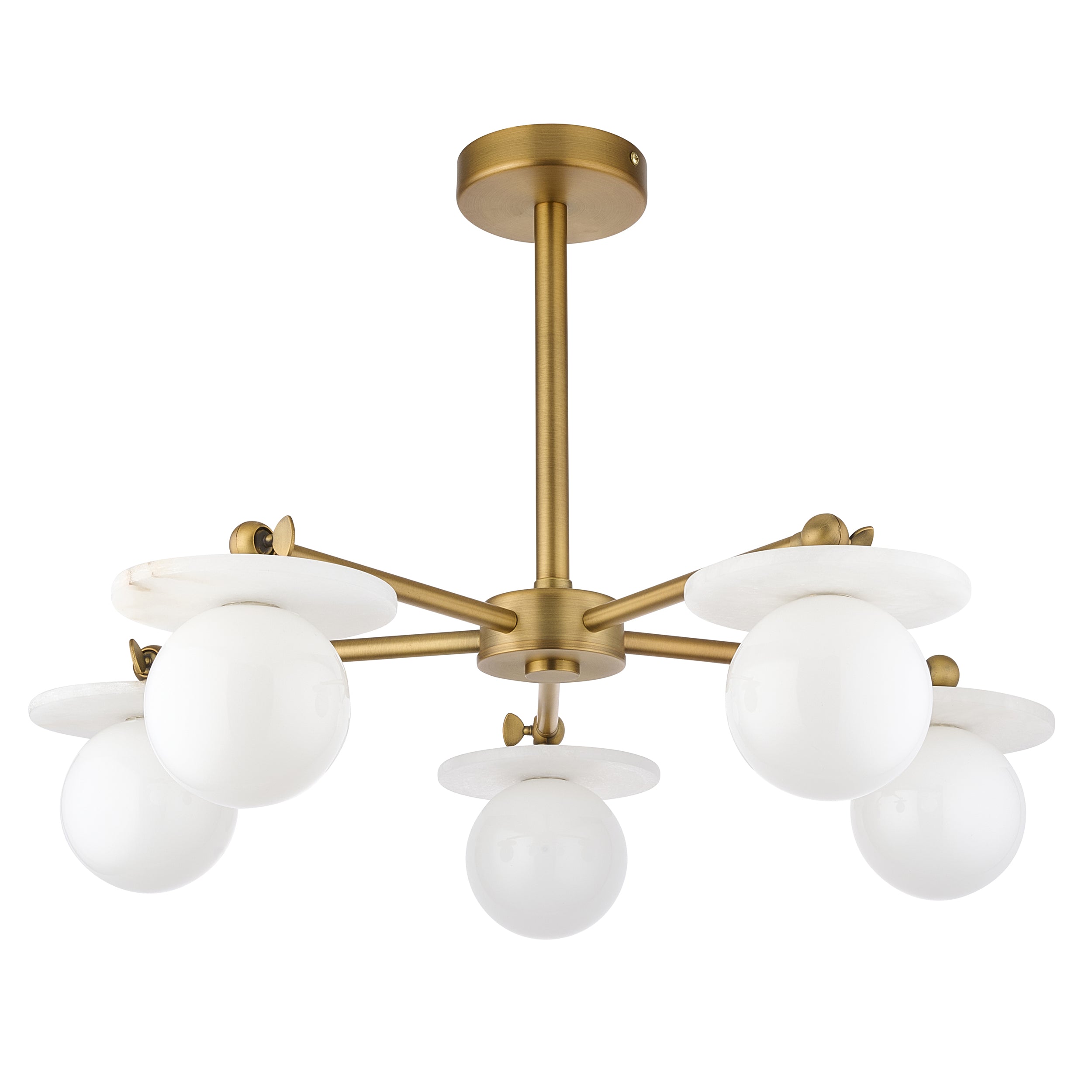 Endon Cerchio 5 Light Semi Flush Ceiling Light - Warm Antique Brass Plate, Alabaster Stone & Gloss White Glass