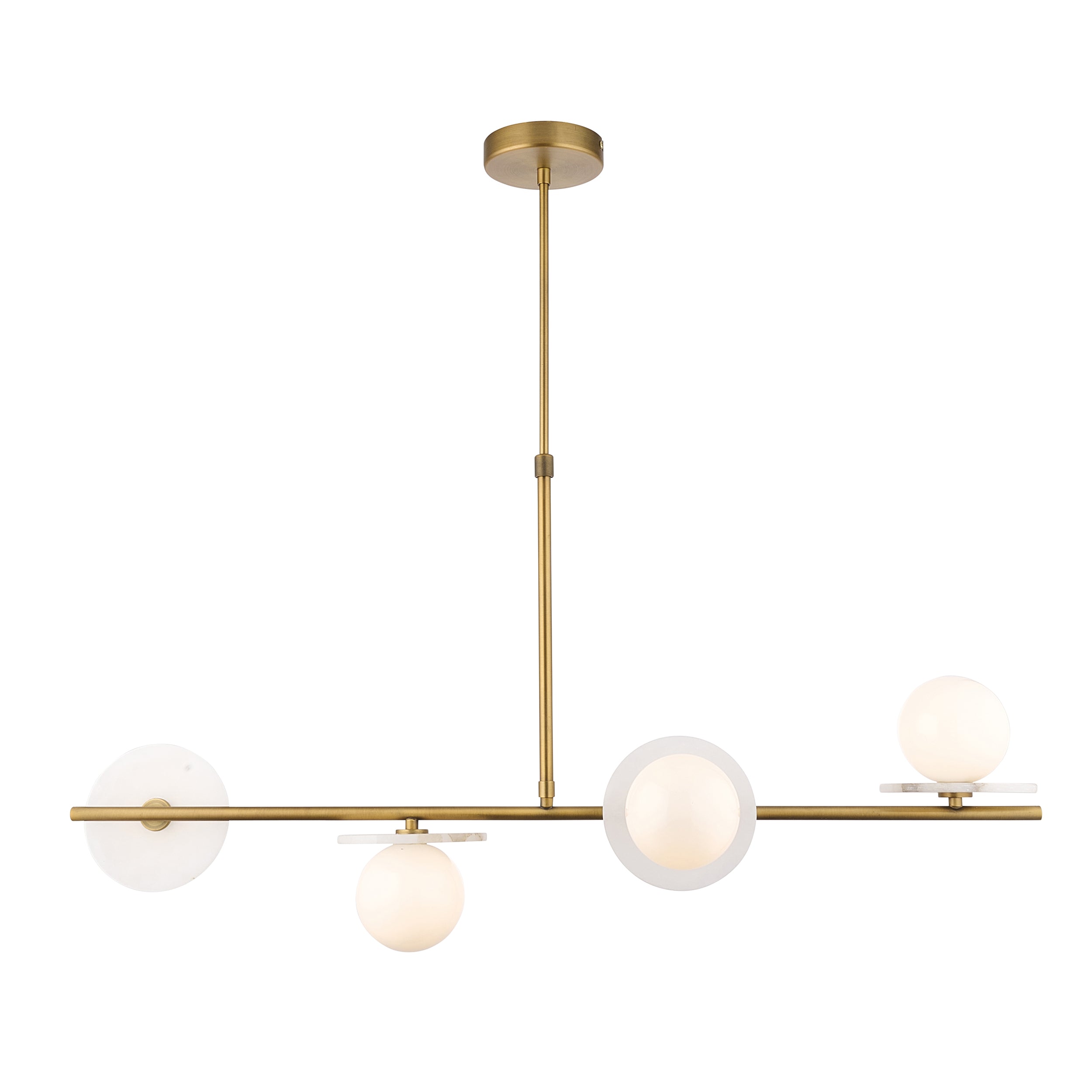 Endon Cerchio 4 Light Linear Pendant - Warm Antique Brass Plate, Alabaster Stone & Gloss White Glass