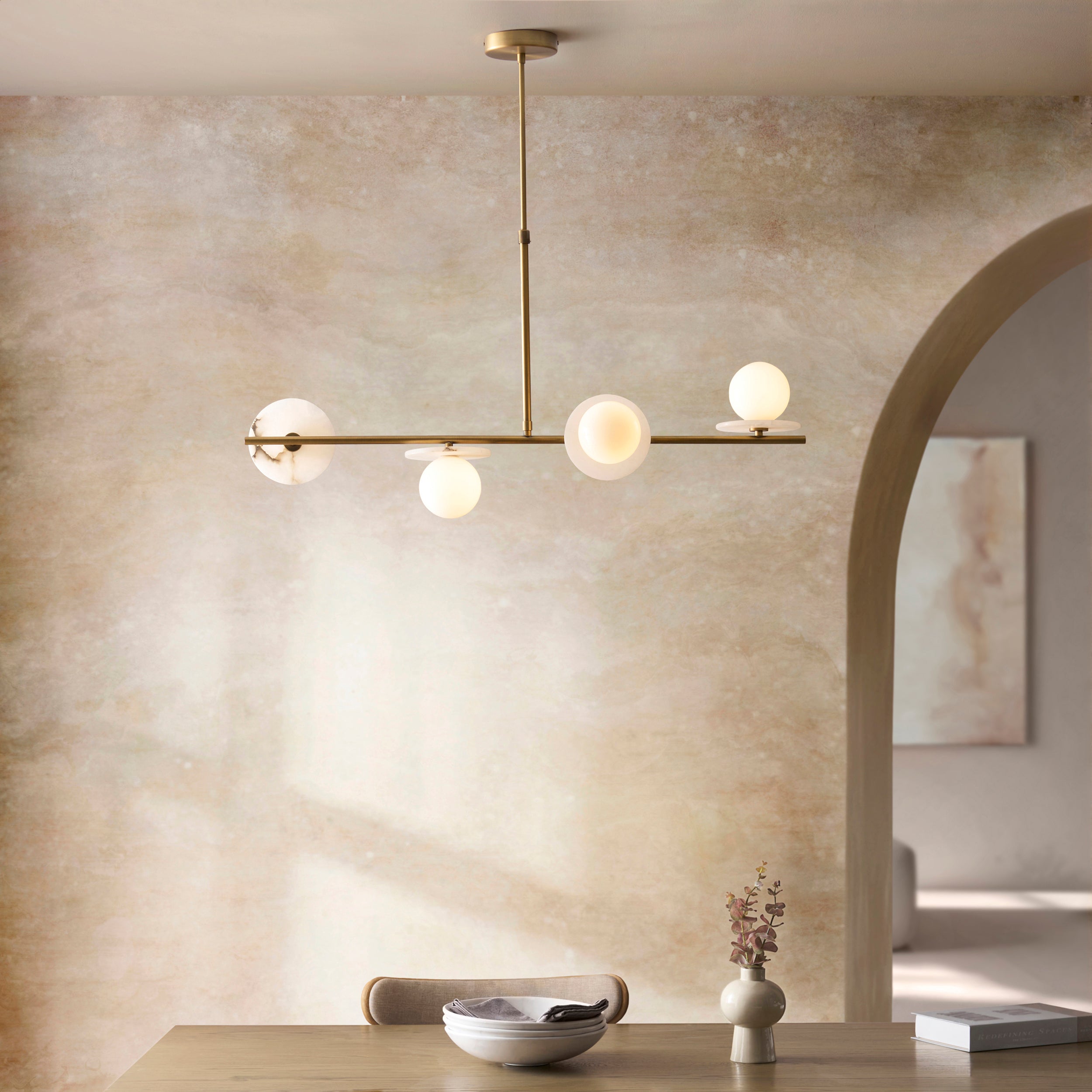 Endon Cerchio 4 Light Linear Pendant - Warm Antique Brass Plate, Alabaster Stone & Gloss White Glass