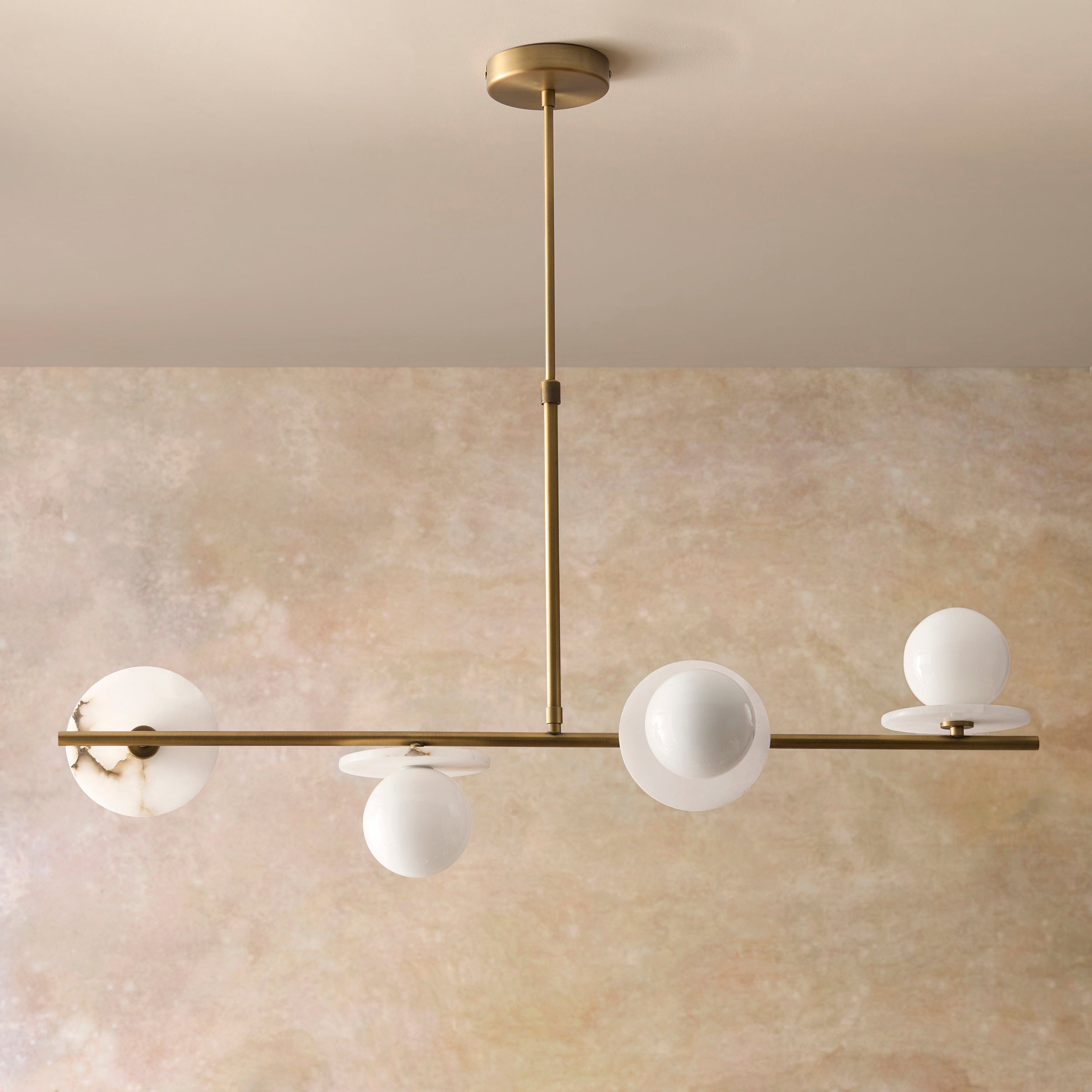 Endon Cerchio 4 Light Linear Pendant - Warm Antique Brass Plate, Alabaster Stone & Gloss White Glass