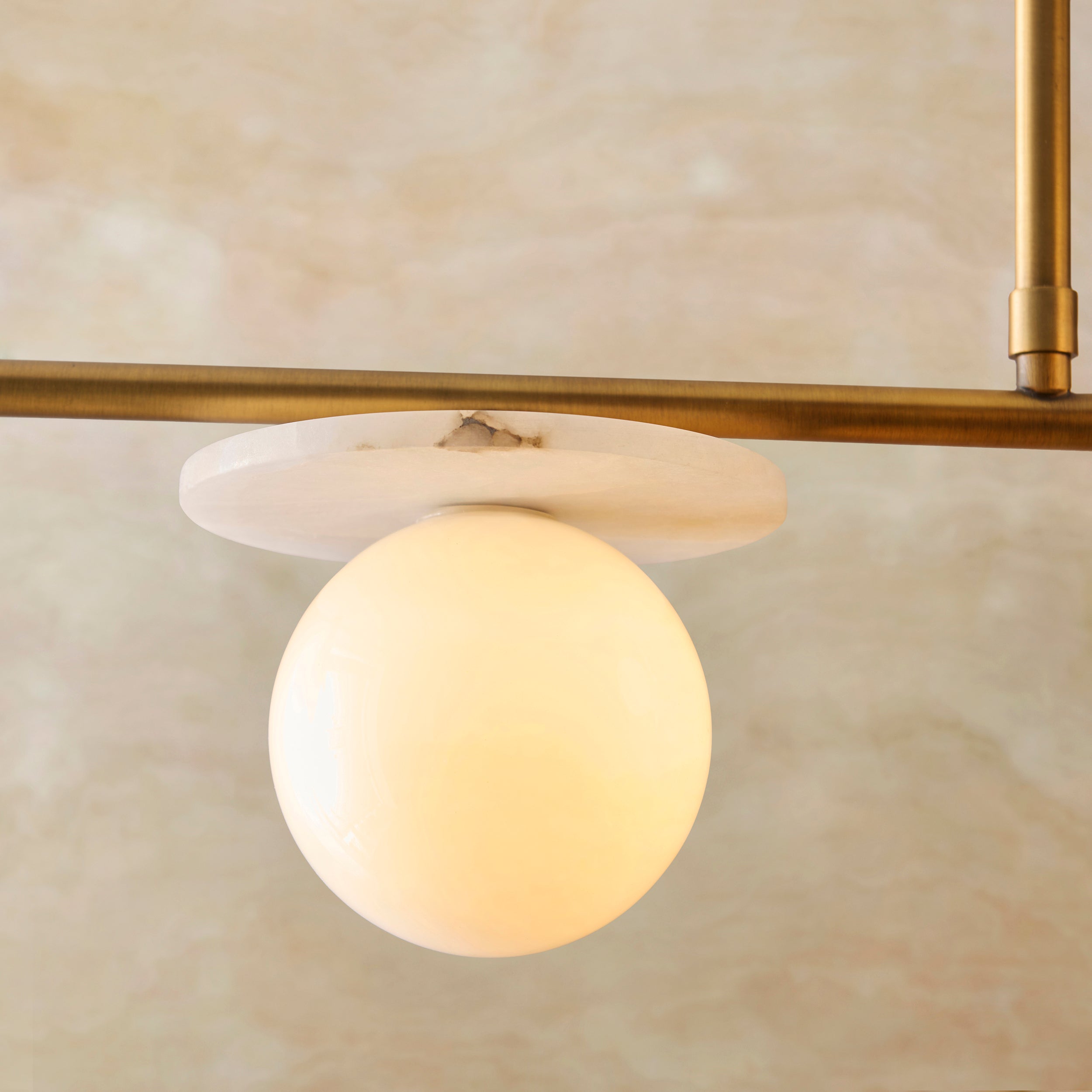 Endon Cerchio 4 Light Linear Pendant - Warm Antique Brass Plate, Alabaster Stone & Gloss White Glass